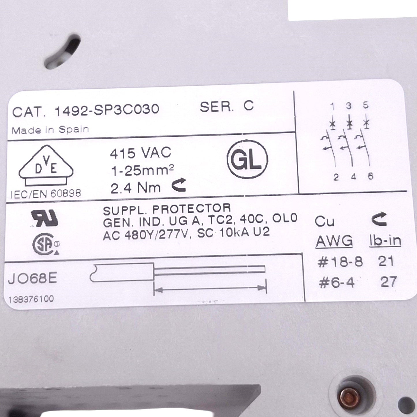 New Allen Bradley 1492-SP3C030 Circuit Breaker, 3-Pole 3A, 480Y/277VAC Max, DIN Rail