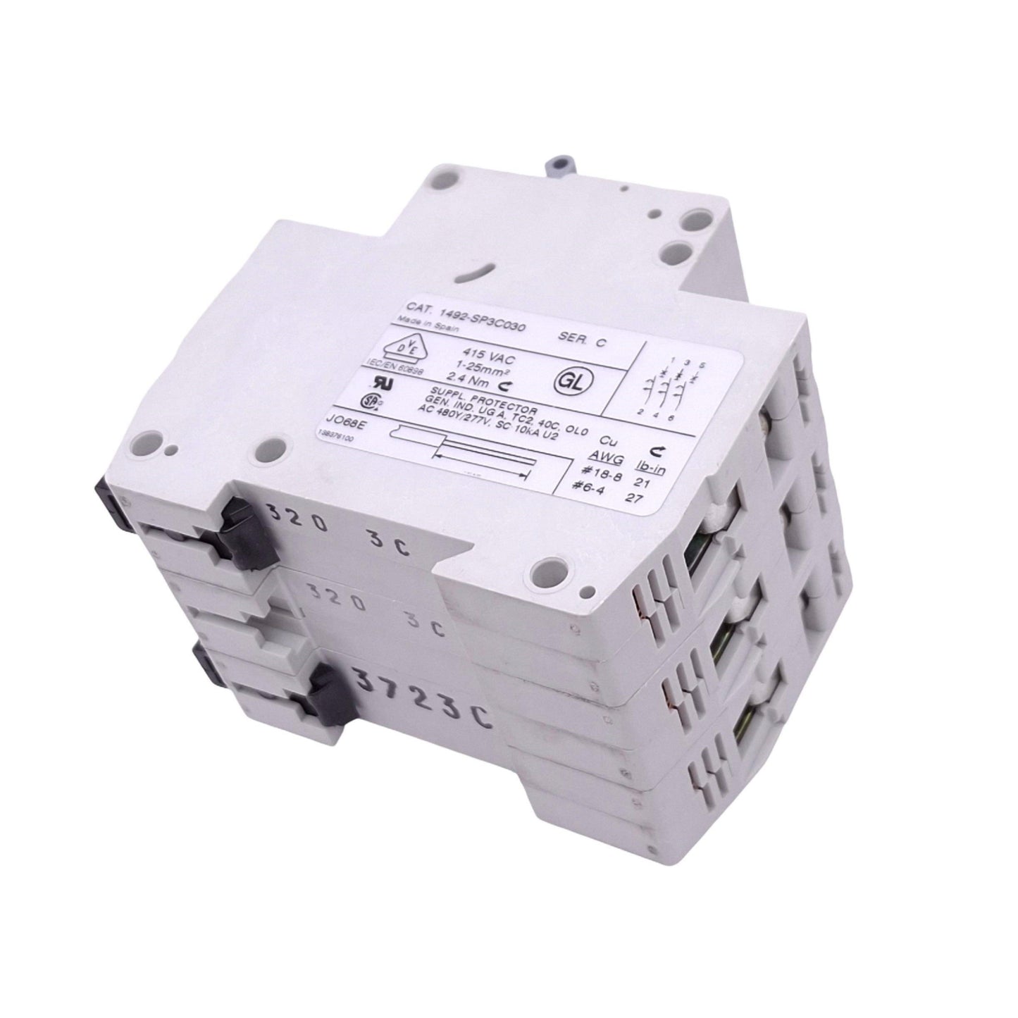 New Allen Bradley 1492-SP3C030 Circuit Breaker, 3-Pole 3A, 480Y/277VAC Max, DIN Rail