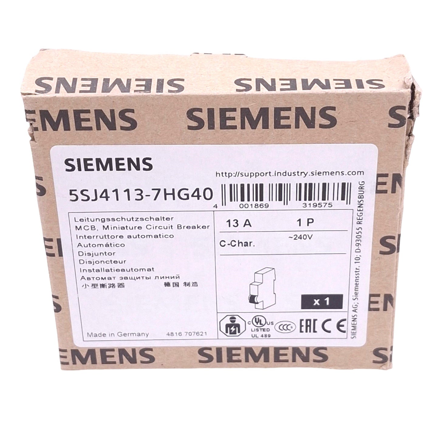 New Siemens 5SJ4113-7HG40 Circuit Breaker, 1-Pole 13A, 240VAC/60VDC Max, DIN Rail