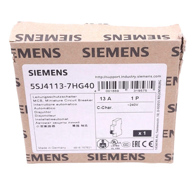 New Siemens 5SJ4113-7HG40 Circuit Breaker, 1-Pole 13A, 240VAC/60VDC Max, DIN Rail