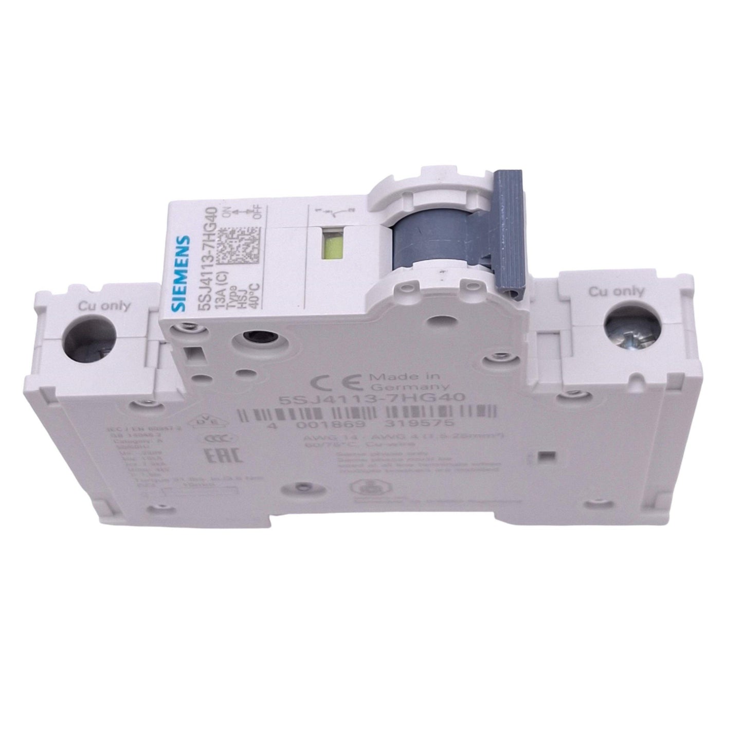 New Siemens 5SJ4113-7HG40 Circuit Breaker, 1-Pole 13A, 240VAC/60VDC Max, DIN Rail