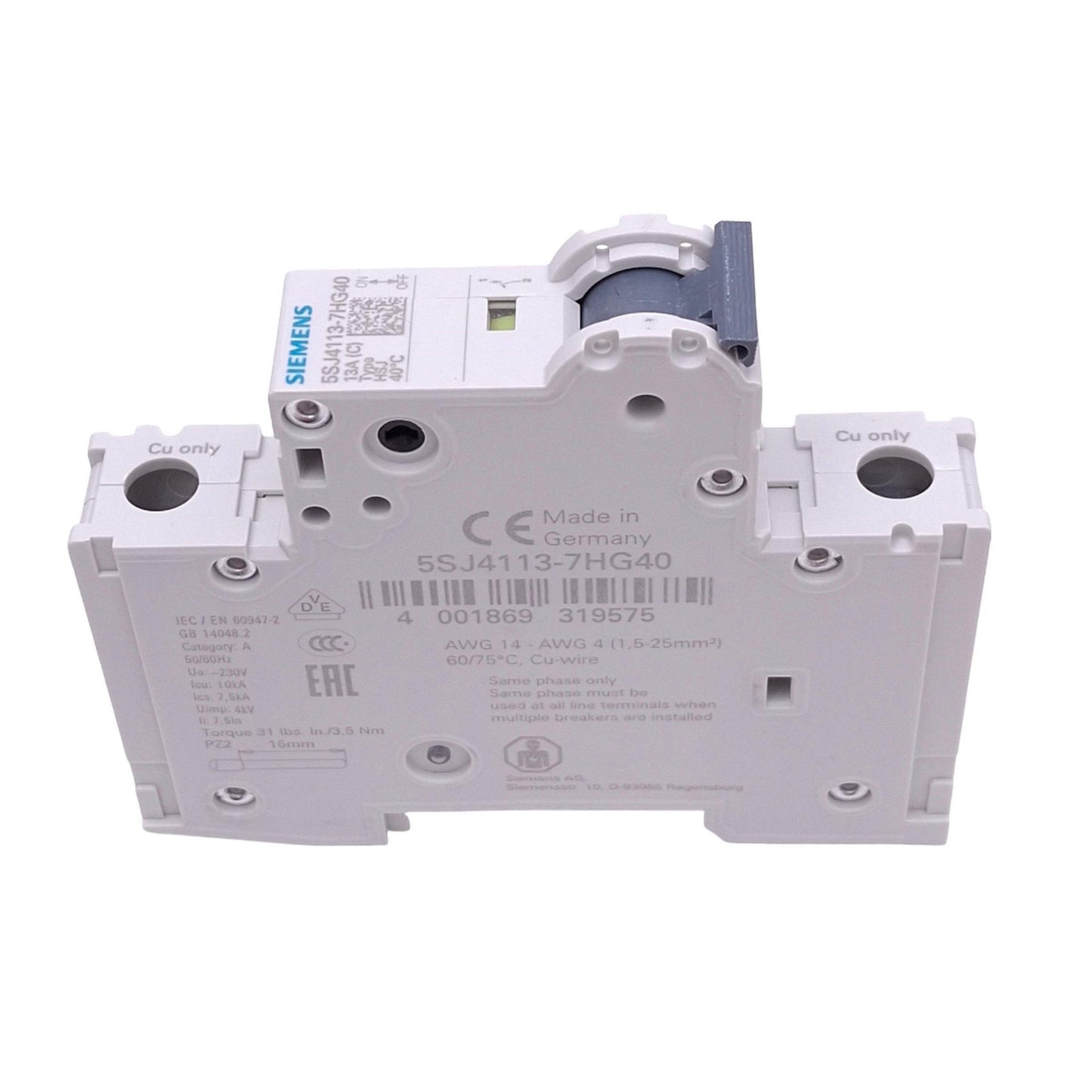 New Siemens 5SJ4113-7HG40 Circuit Breaker, 1-Pole 13A, 240VAC/60VDC Max, DIN Rail