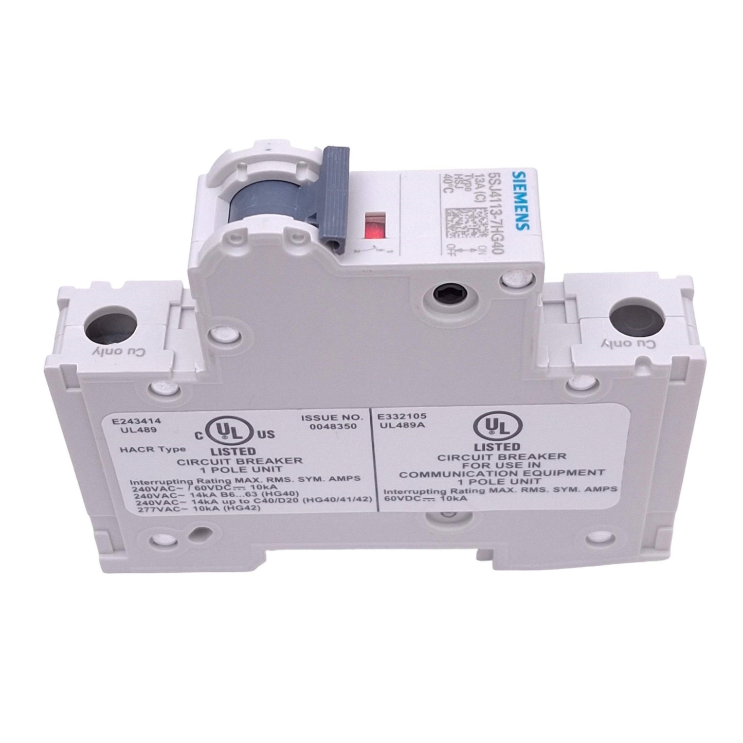 New Siemens 5SJ4113-7HG40 Circuit Breaker, 1-Pole 13A, 240VAC/60VDC Max, DIN Rail