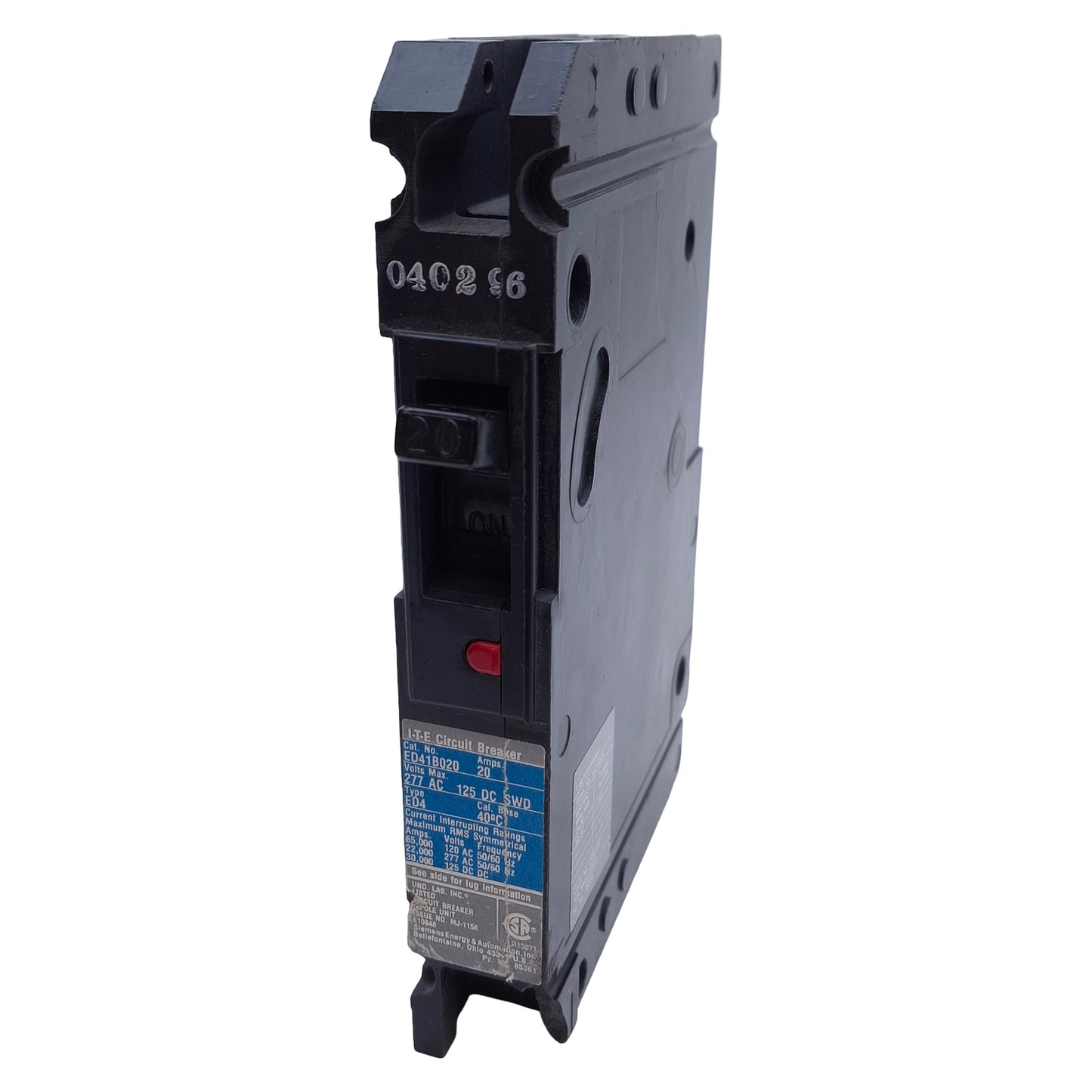 Used Siemens ED41B020 Circuit Breaker 1-Pole, 20A, 120/277VAC 125VDC, Bolt-On