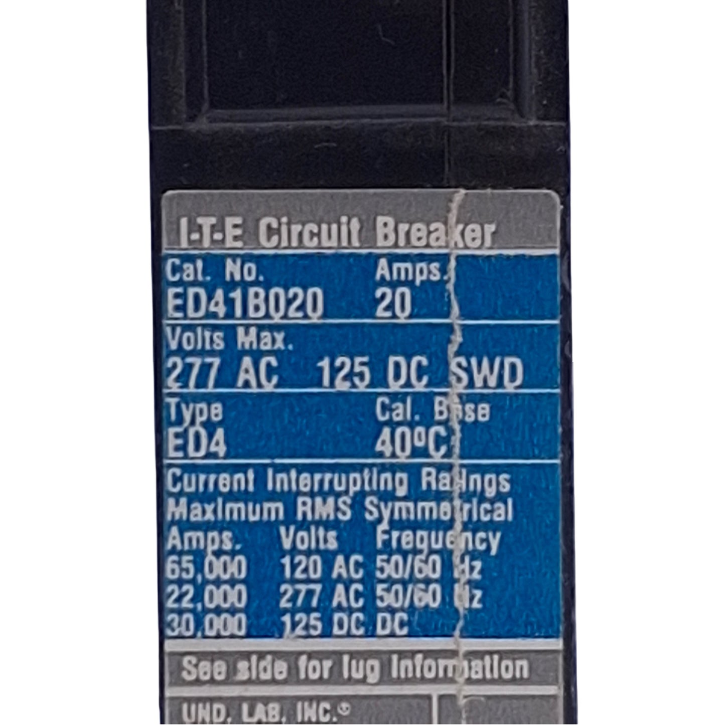 Used Siemens ED41B020 Circuit Breaker 1-Pole, 20A, 120/277VAC 125VDC, Bolt-On