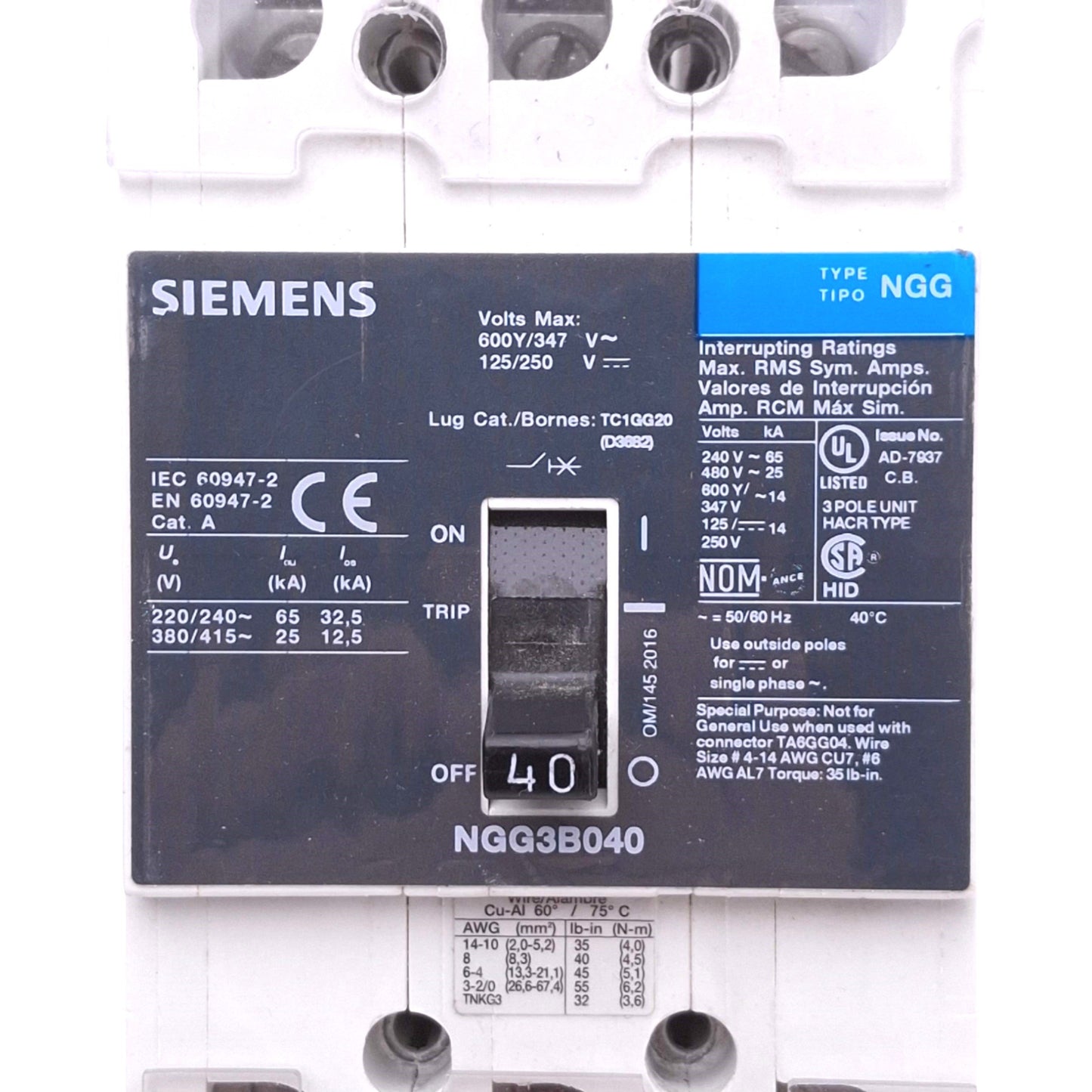 New – Open box Siemens NGG3B040 Circuit Breaker, 3PH 3-Pole 40A, 600Y/347VAC 125/250VDC