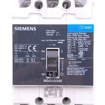 New – Open box Siemens NGG3B040 Circuit Breaker, 3PH 3-Pole 40A, 600Y/347VAC 125/250VDC
