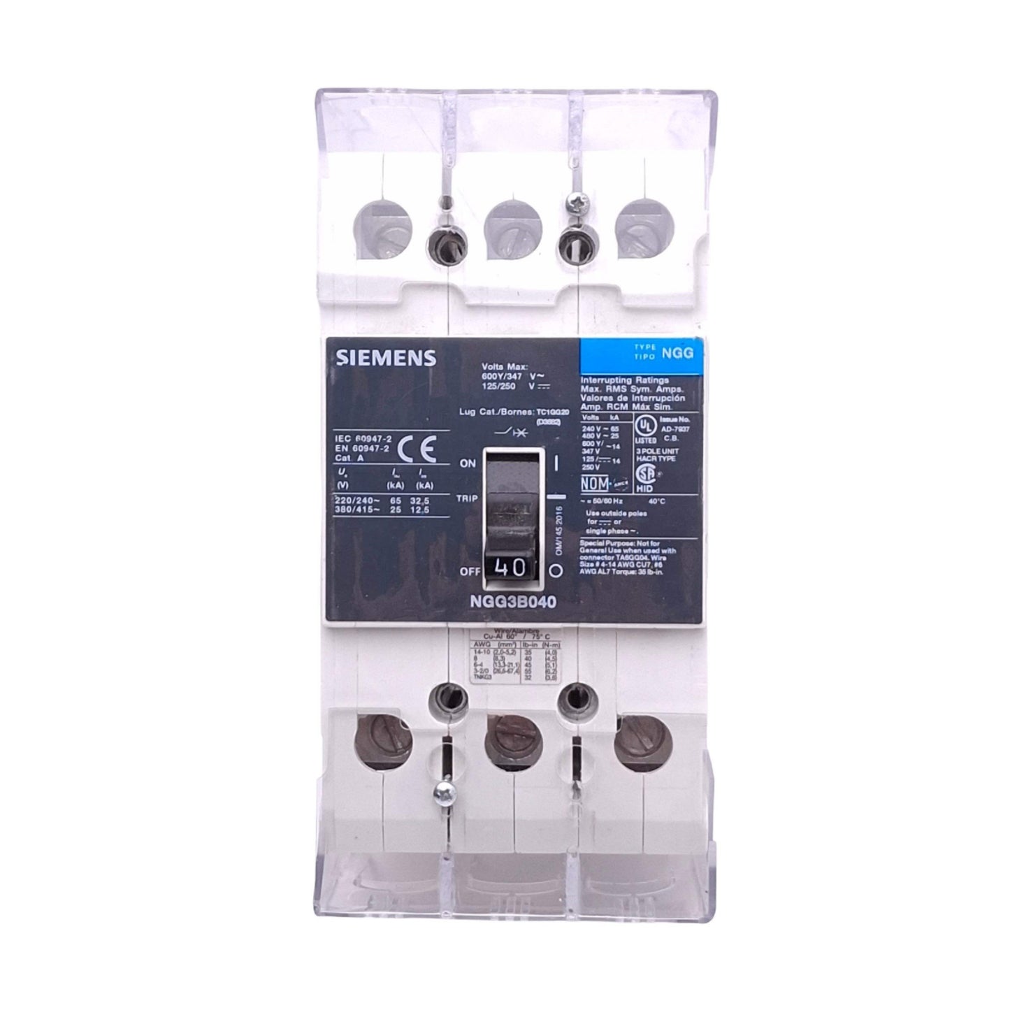 New – Open box Siemens NGG3B040 Circuit Breaker, 3PH 3-Pole 40A, 600Y/347VAC 125/250VDC