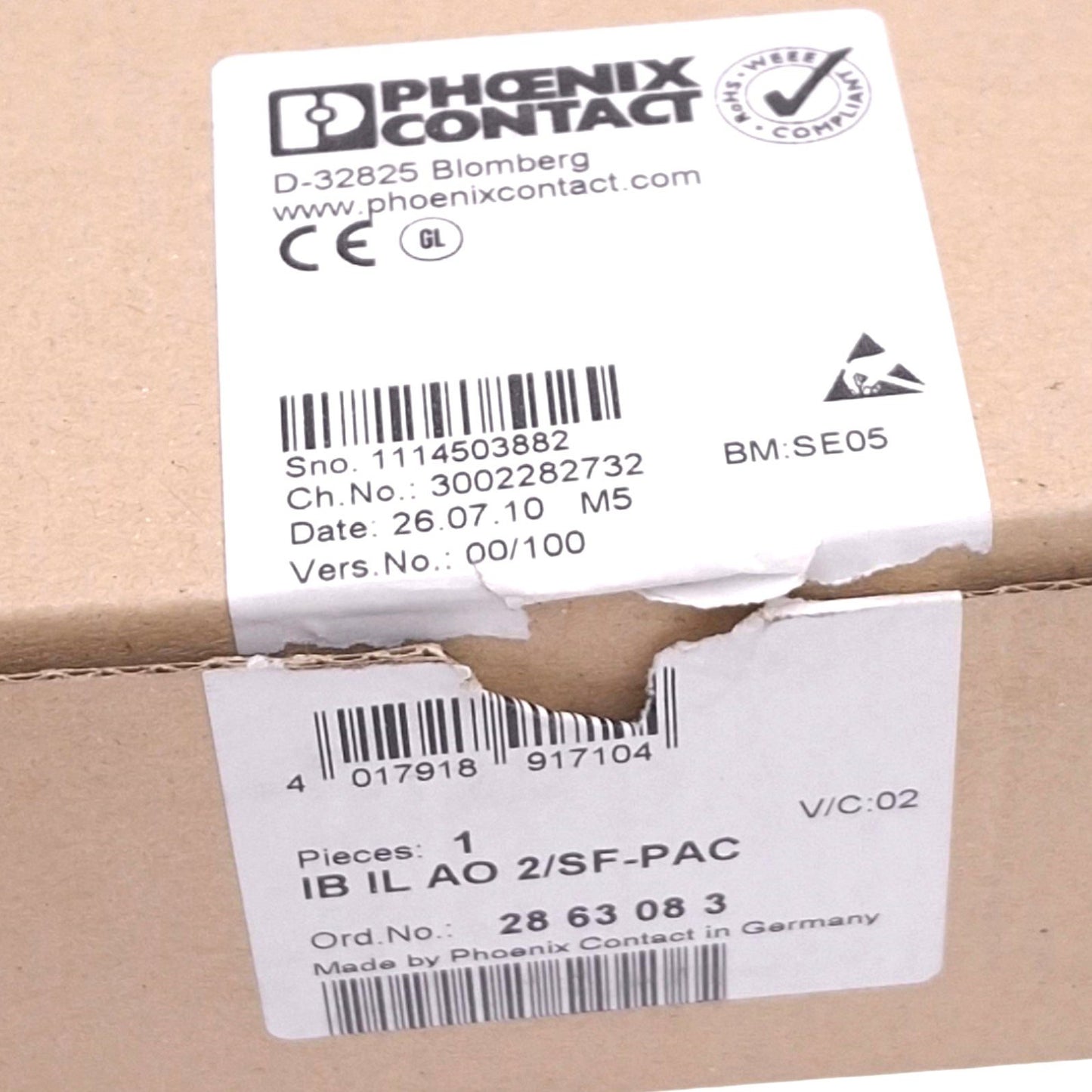 New Phoenix Contact 2863083 IB IL AO 2/SF-PAC Analog Output Module, 2-Channel, 24VDC