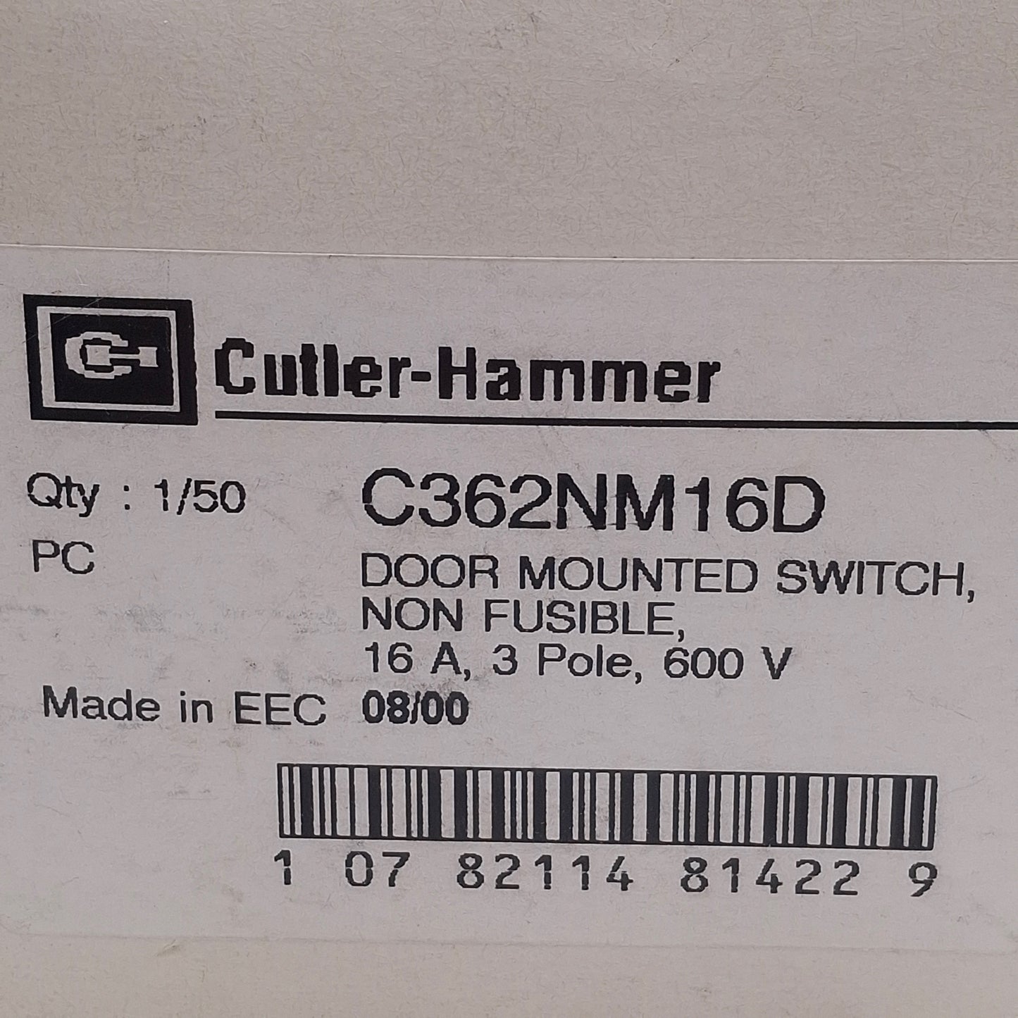 New – Open box Cutler Hammer C362NM16D Rotary Disconnect Switch 3-Pole, 16A, 600VAC, DIN Rail