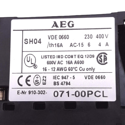 Used AEG 910-302-071-00PCL SH04-31Z-24VDC Auxiliary Contactor, 3NO 1NC, 24VDC Coil