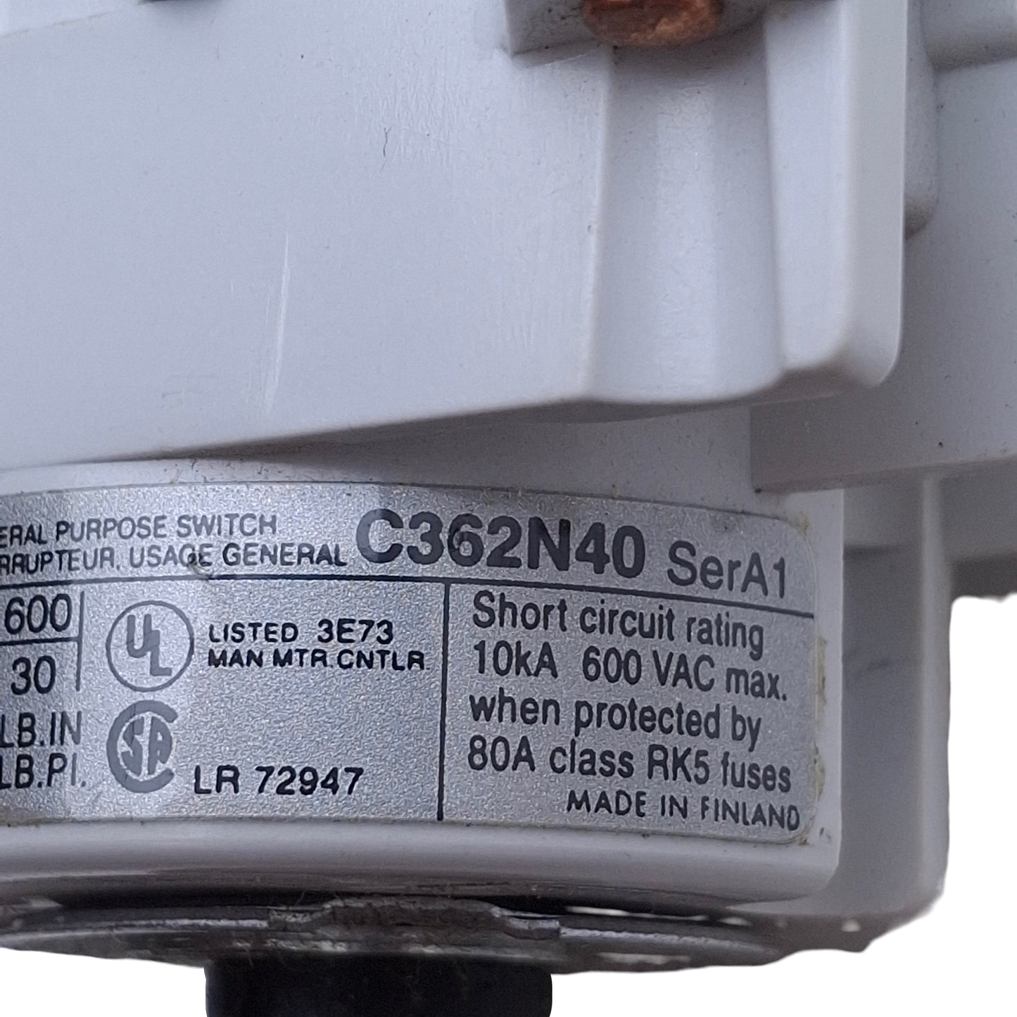 Used Cutler-Hammer C362N40 Disconnect Switch 3-Pole, 600VAC, 40A, DIN Rail Mount