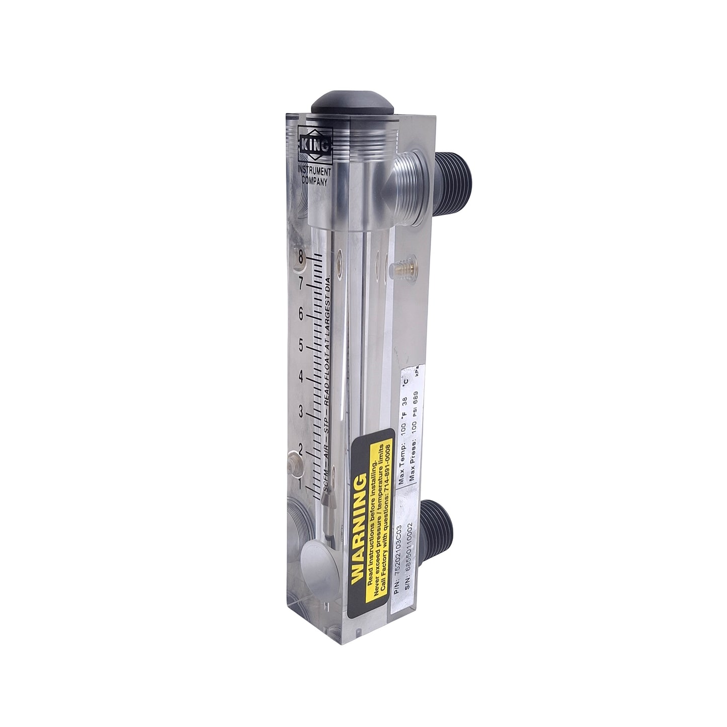 Used King Instruments 75202103C03 Acrylic Flowmeter, 1-8SCFM Air, 1/4 & 1/2in NPT