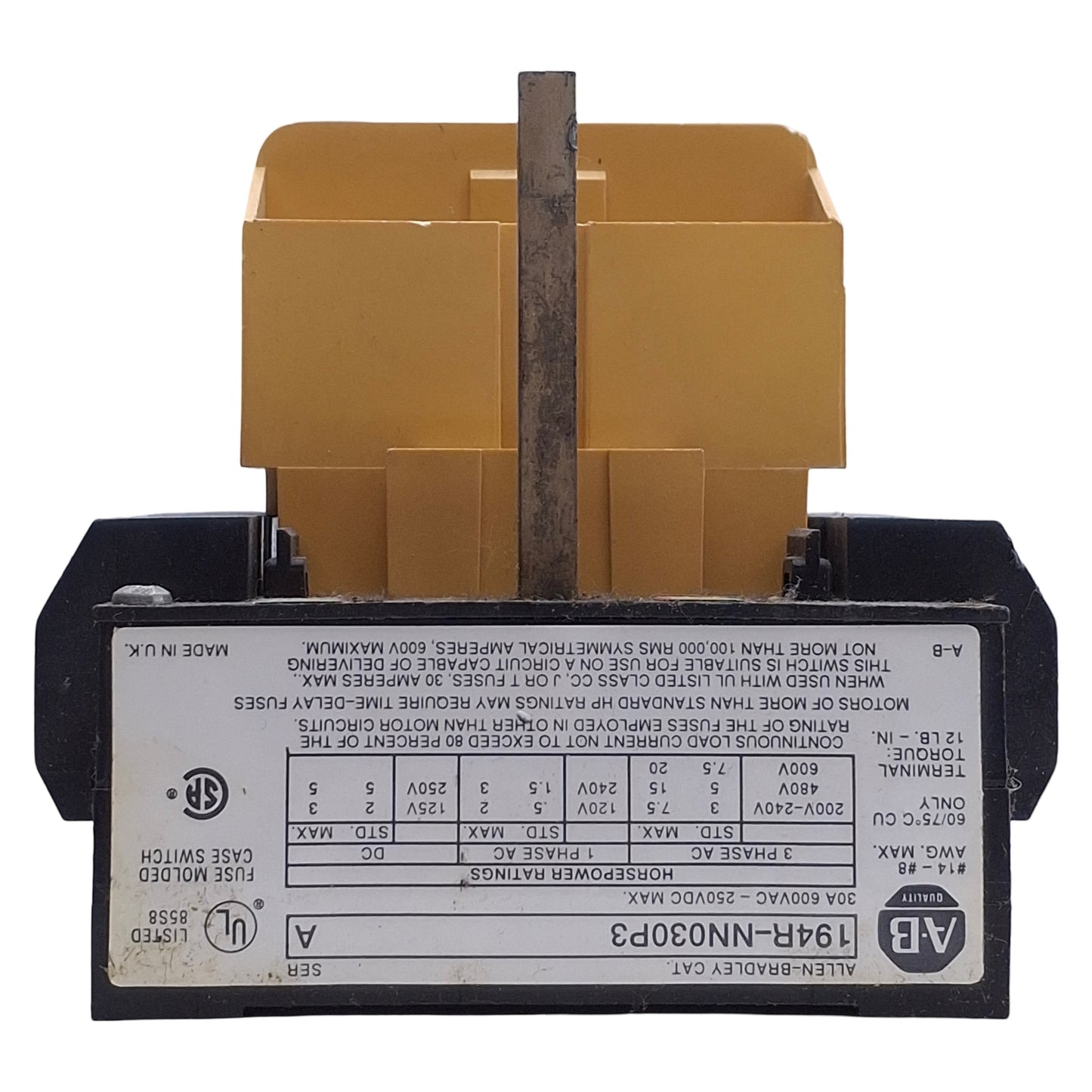 Used Allen Bradley 194R-NN030P3 Non Fused Disconnect Switch, 30A, 115/230VAC / 125VDC