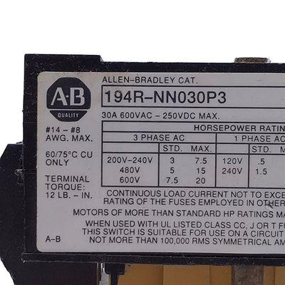 Used Allen Bradley 194R-NN030P3 Non Fused Disconnect Switch, 30A, 115/230VAC / 125VDC