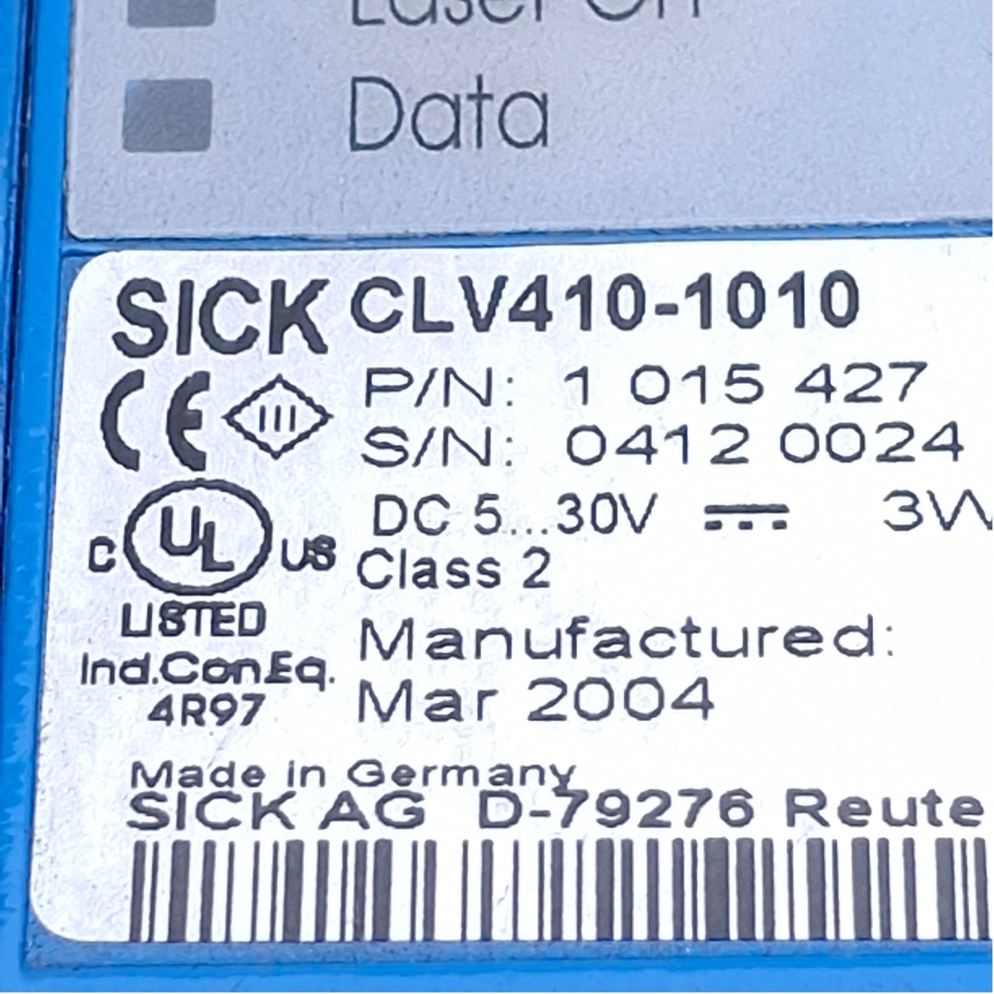 Used SICK CLV410-1010 Barcode Scanner Mid-Range Distance 50-380mm, 24VDC, 15-Pin Male