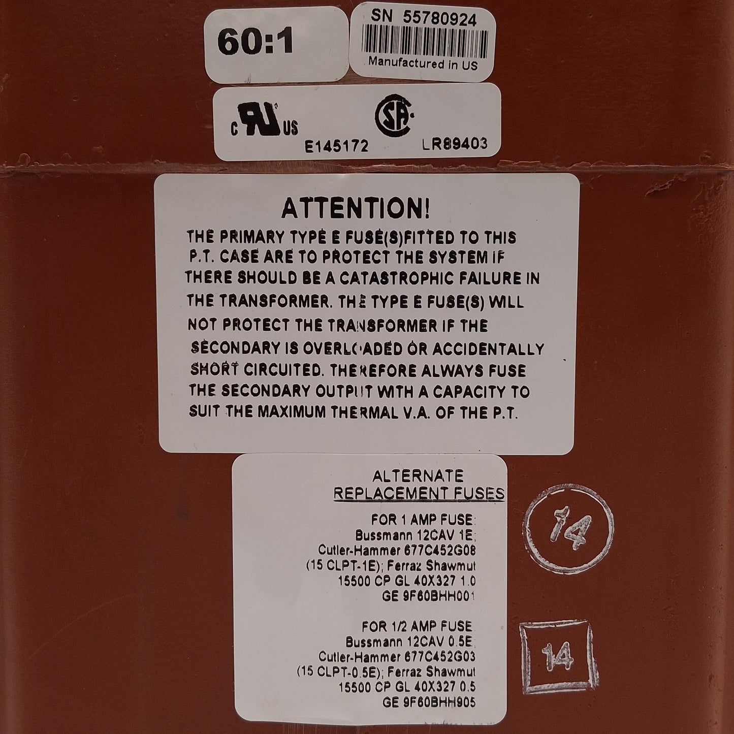 New – Open box Instrument Transformers PTG5-2-110-1322FF Transformer 1.5kVA 13.2kV Pri 120V Sec