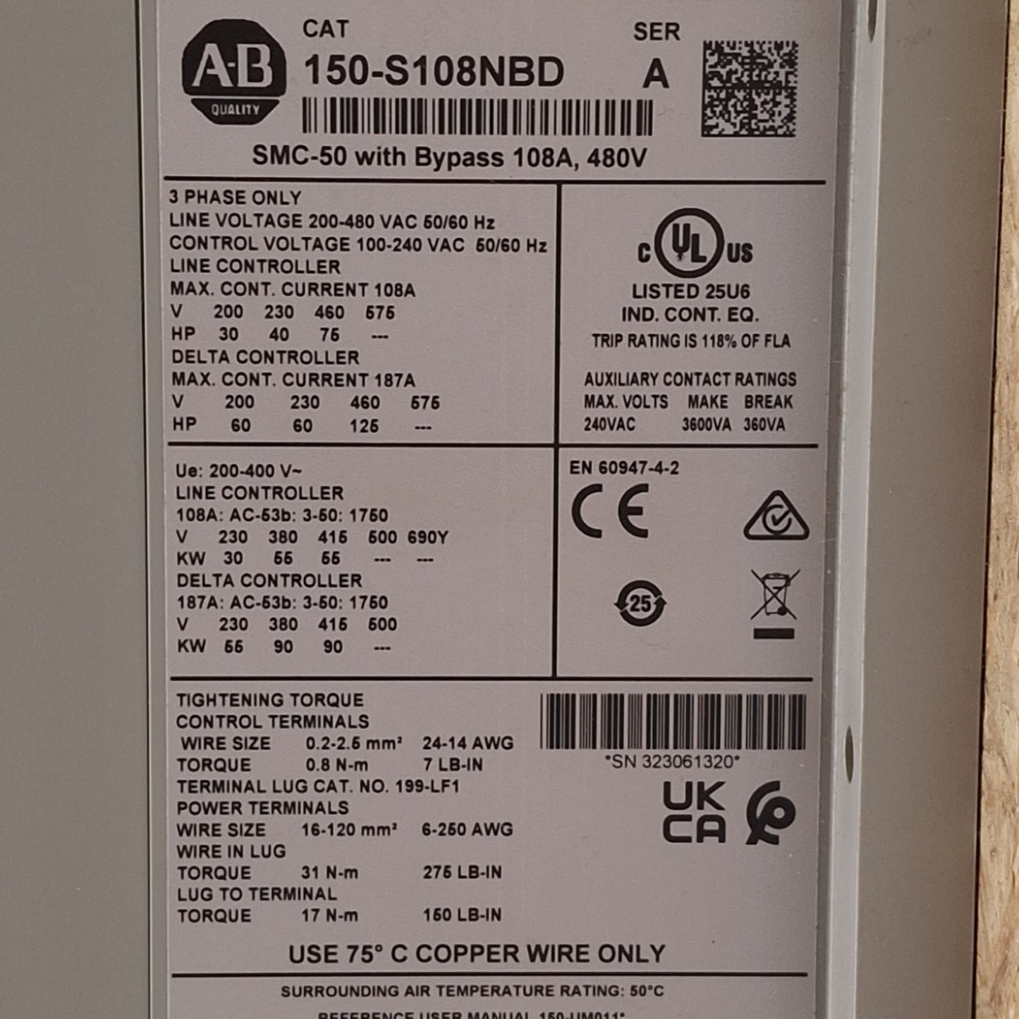 New – Open box Allen Bradley 150-S108NBD SMC-50 Smart Motor Controller w/ Bypass, 108A 480VAC