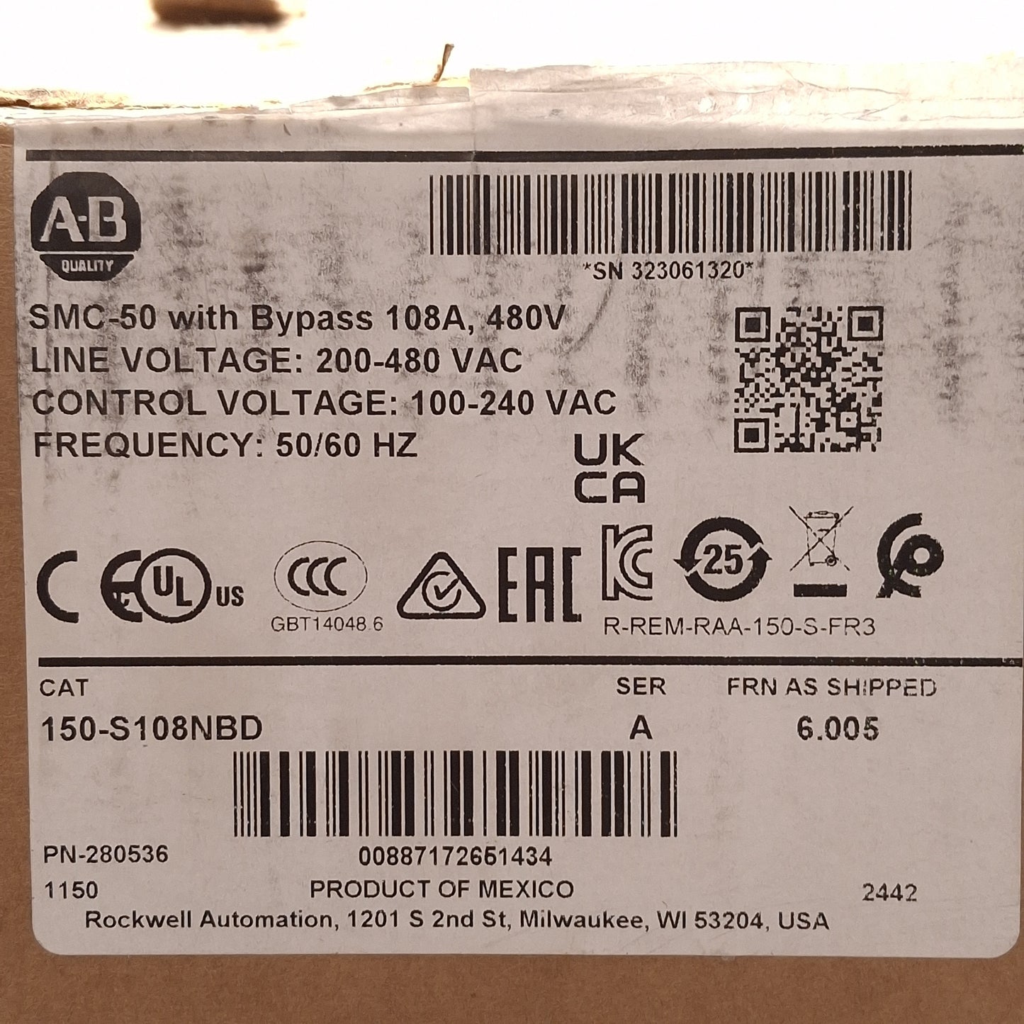 New – Open box Allen Bradley 150-S108NBD SMC-50 Smart Motor Controller w/ Bypass, 108A 480VAC