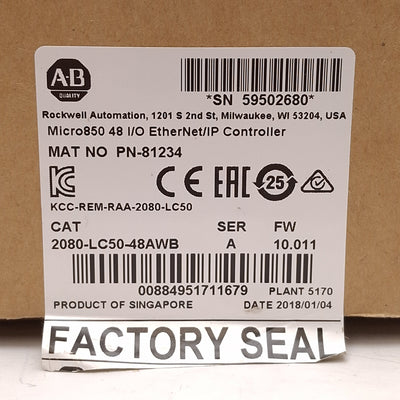 New Allen Bradley 2080-LC50-48AWB Micro850 EtherNet/IP Controller, 48 I/O, 24VDC