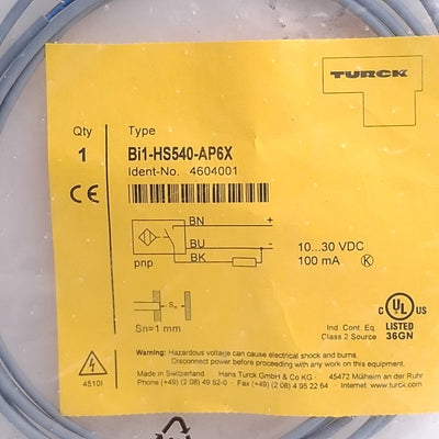New Turck Bi1-HS540-AP6X 4604001 Proximity Sensor, 1mm Range, 10-30VDC, PNP NO, 2m L