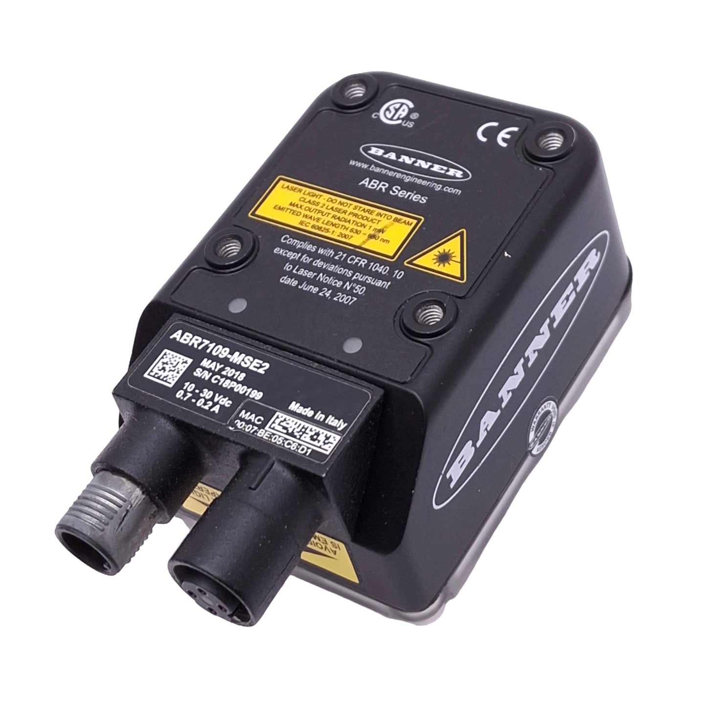 Used Banner ABR7109-MSE2 Barcode Reader, 1.3MP 1280x1024, 9mm Lens, 10-30VDC