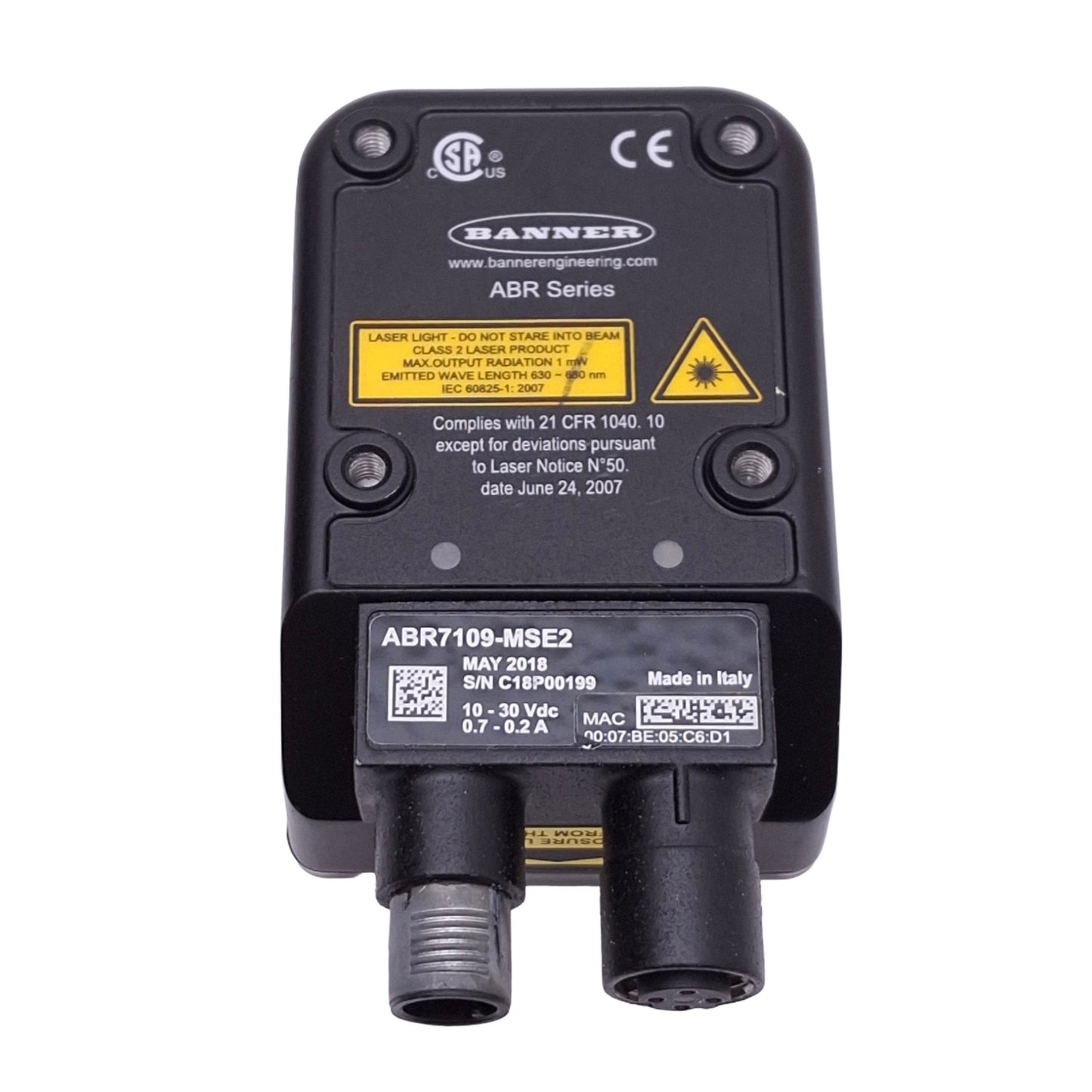 Used Banner ABR7109-MSE2 Barcode Reader, 1.3MP 1280x1024, 9mm Lens, 10-30VDC