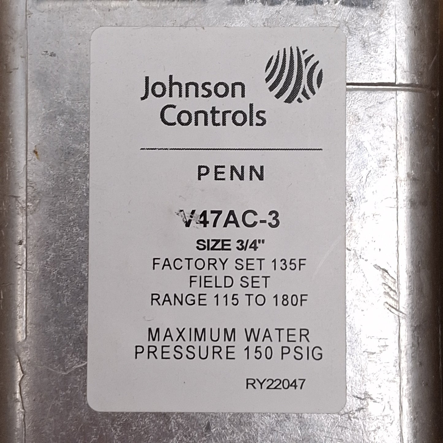 New Johnson Controls V47AC-3C Temperature Actuated Water Valve, 115-180°F, 3/4in NPT