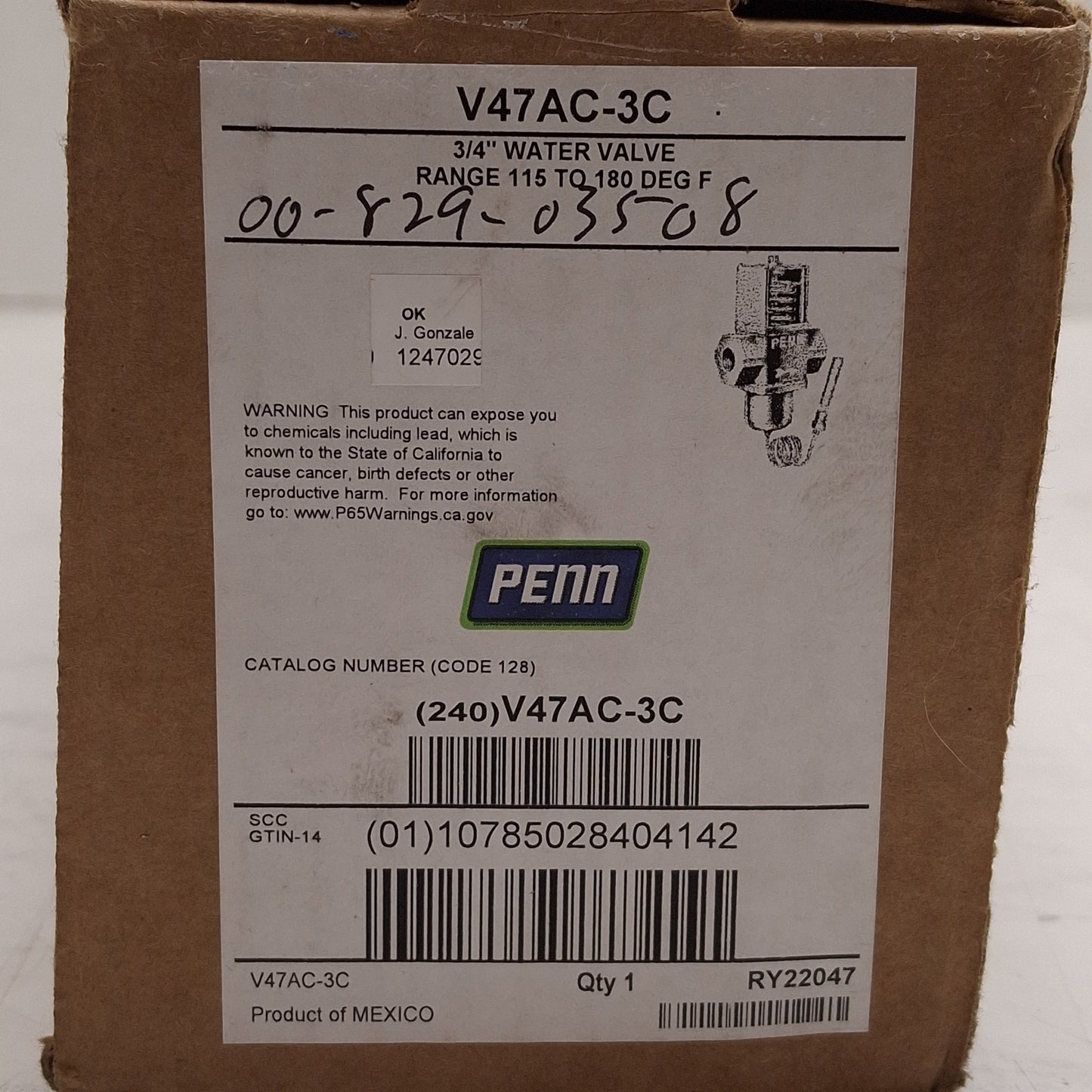 New Johnson Controls V47AC-3C Temperature Actuated Water Valve, 115-180°F, 3/4in NPT