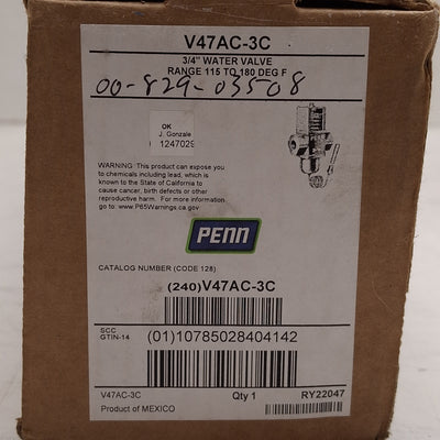 New Johnson Controls V47AC-3C Temperature Actuated Water Valve, 115-180°F, 3/4in NPT