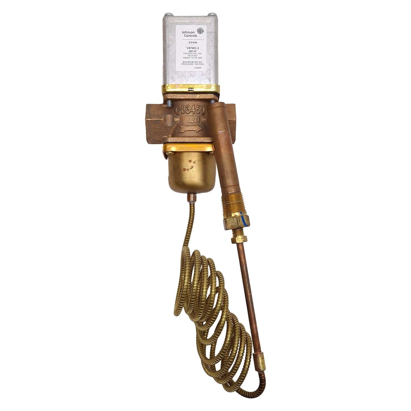 New Johnson Controls V47AC-3C Temperature Actuated Water Valve, 115-180°F, 3/4in NPT