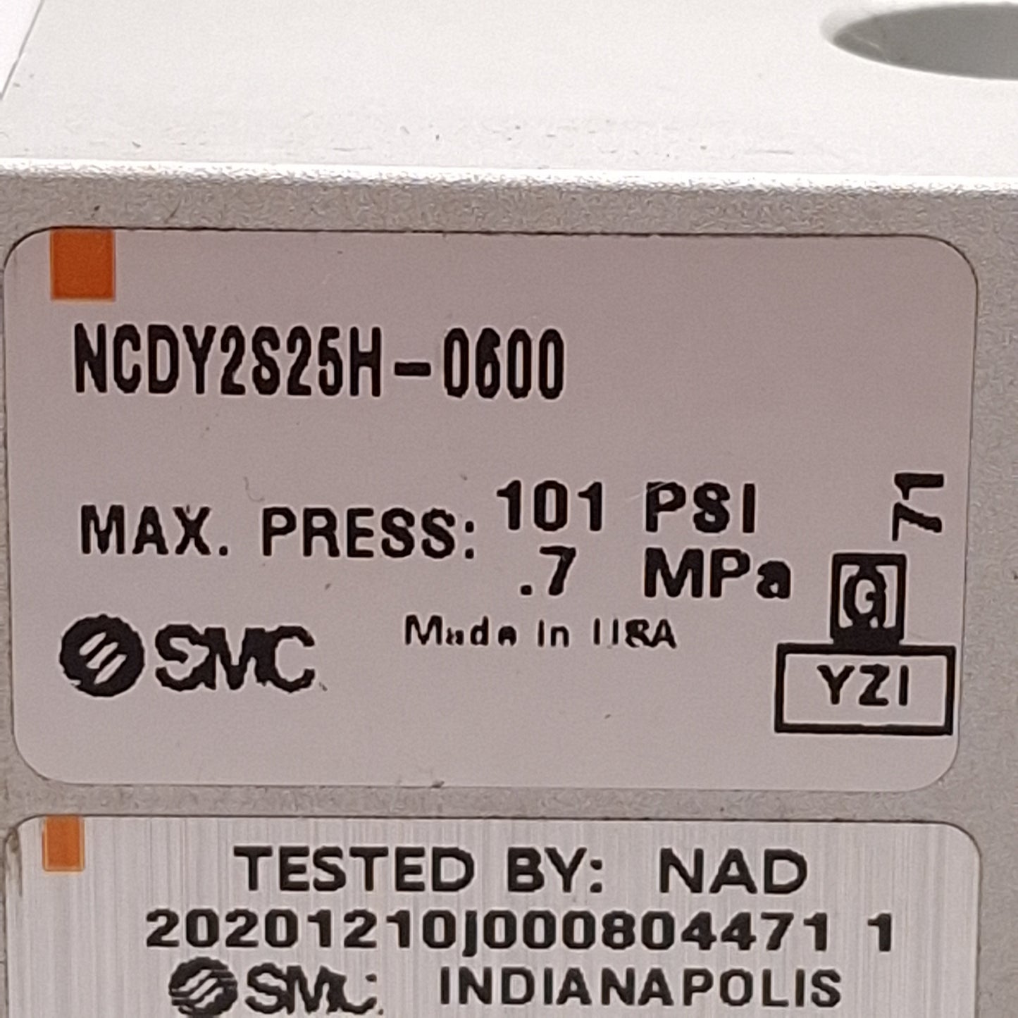 Used SMC NCDY2S25H-0600 Rodless Cylinder, ø1in Bore, 6in Stroke, 101psi, 1/8in NPT