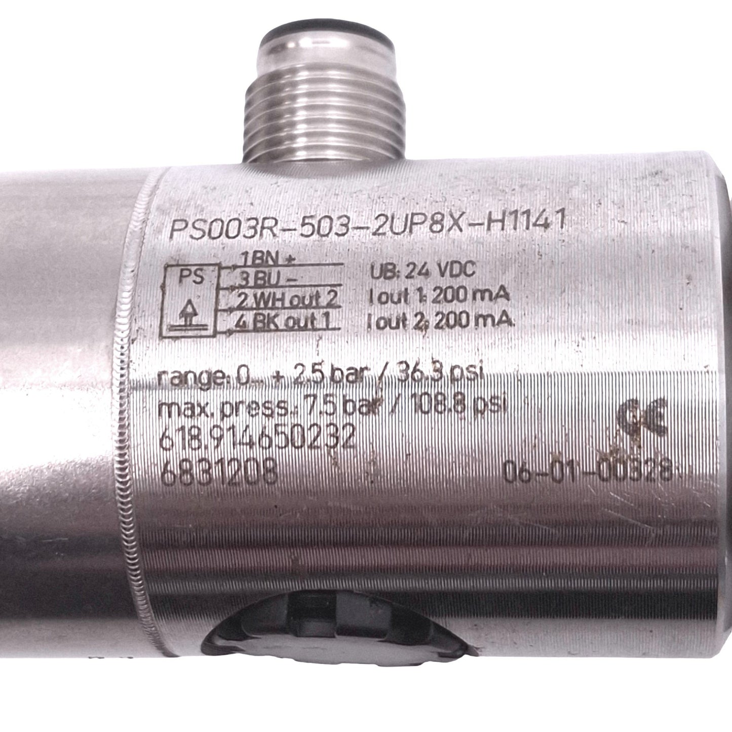 Used Turck PS003R-503-2UP8X-H1141 Pressure Sensor, 0-2.5bar, 7bar Max, PNP Out, 24VDC