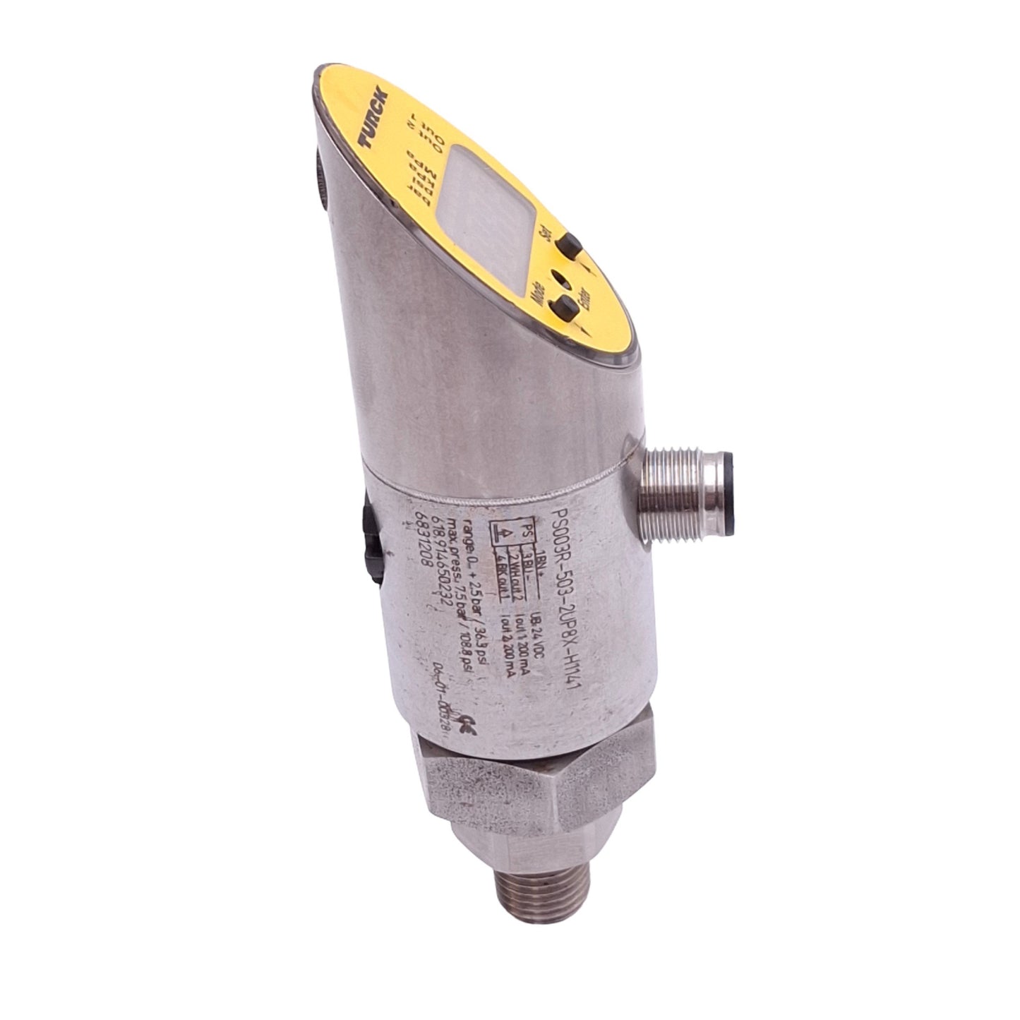 Used Turck PS003R-503-2UP8X-H1141 Pressure Sensor, 0-2.5bar, 7bar Max, PNP Out, 24VDC