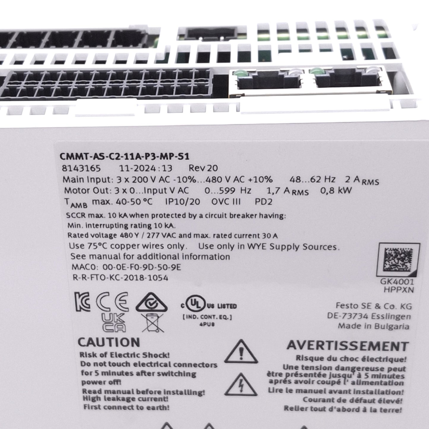 New Festo CMMT-AS-C2-11A-P3-MP-S1 AC Servo Drive, 3ph 400VAC 2A, 0-599Hz, 800W Max
