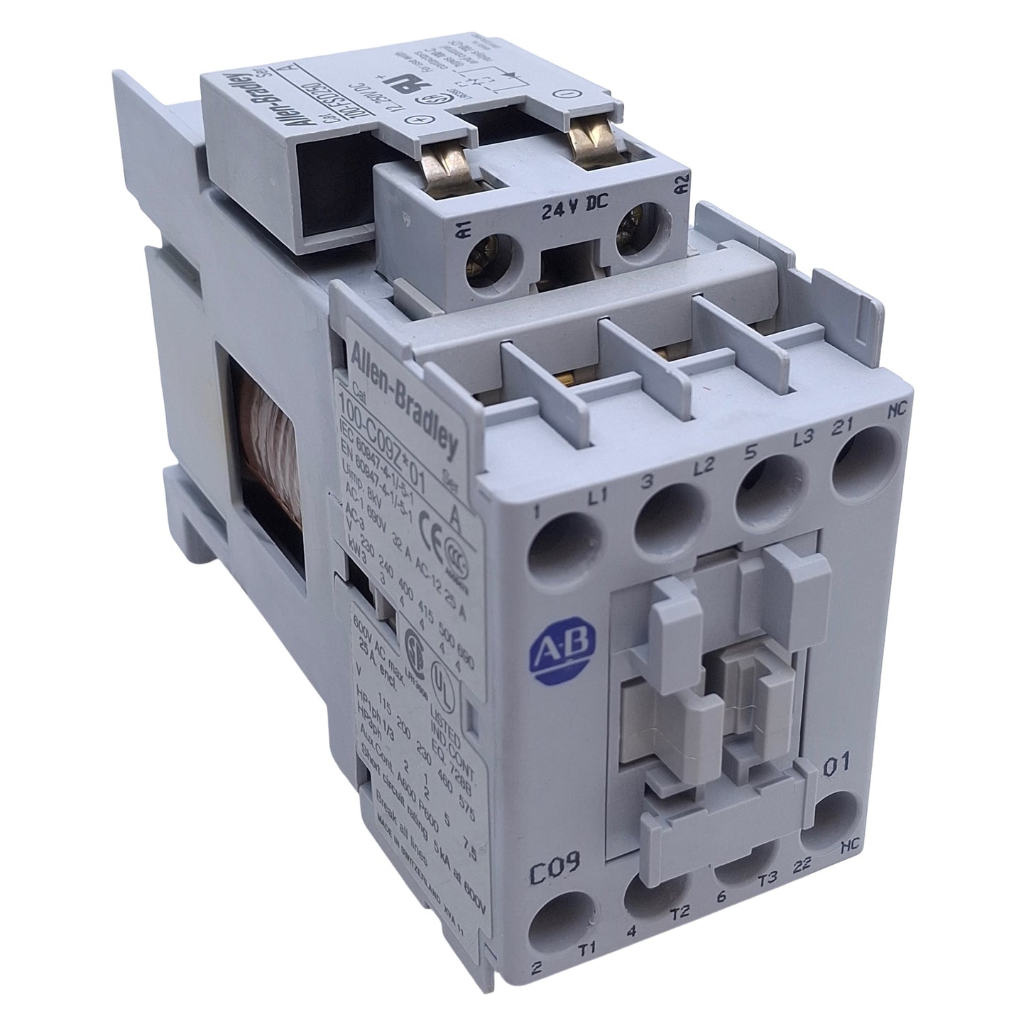 Used Allen Bradley 100-C09ZJ01 Contactor 25A, 3-Pole + 1NC, 24VDC Coil w/Suppressor
