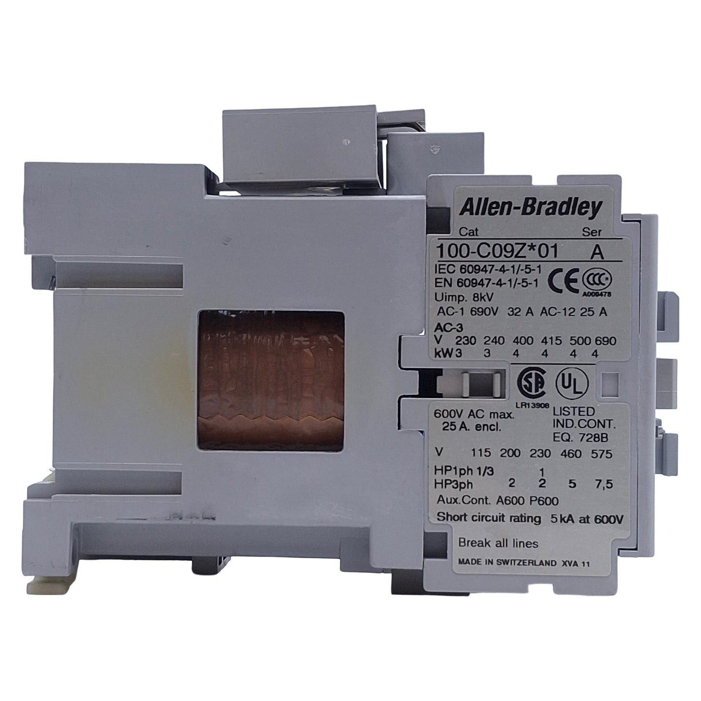 Used Allen Bradley 100-C09ZJ01 Contactor 25A, 3-Pole + 1NC, 24VDC Coil w/Suppressor