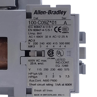 Used Allen Bradley 100-C09ZJ01 Contactor 25A, 3-Pole + 1NC, 24VDC Coil w/Suppressor