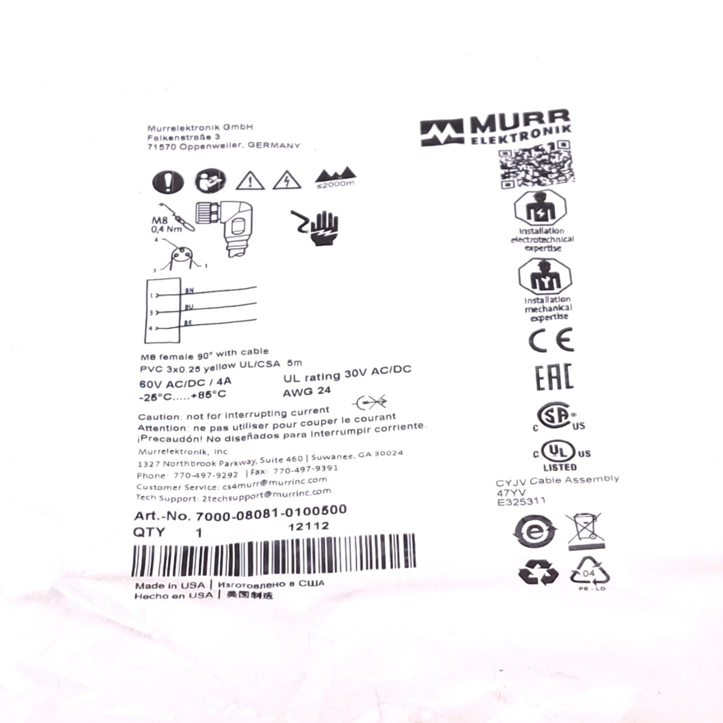 New Murrelektronik 7000-08081-0100500 Connector Cable, M8 3-Pin 90° Female, 5 Meters
