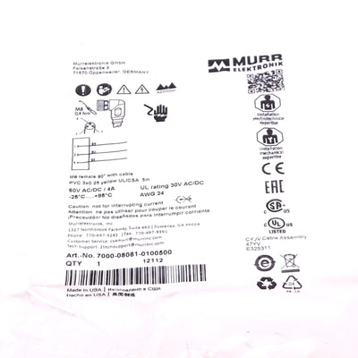 New Murrelektronik 7000-08081-0100500 Connector Cable, M8 3-Pin 90° Female, 5 Meters