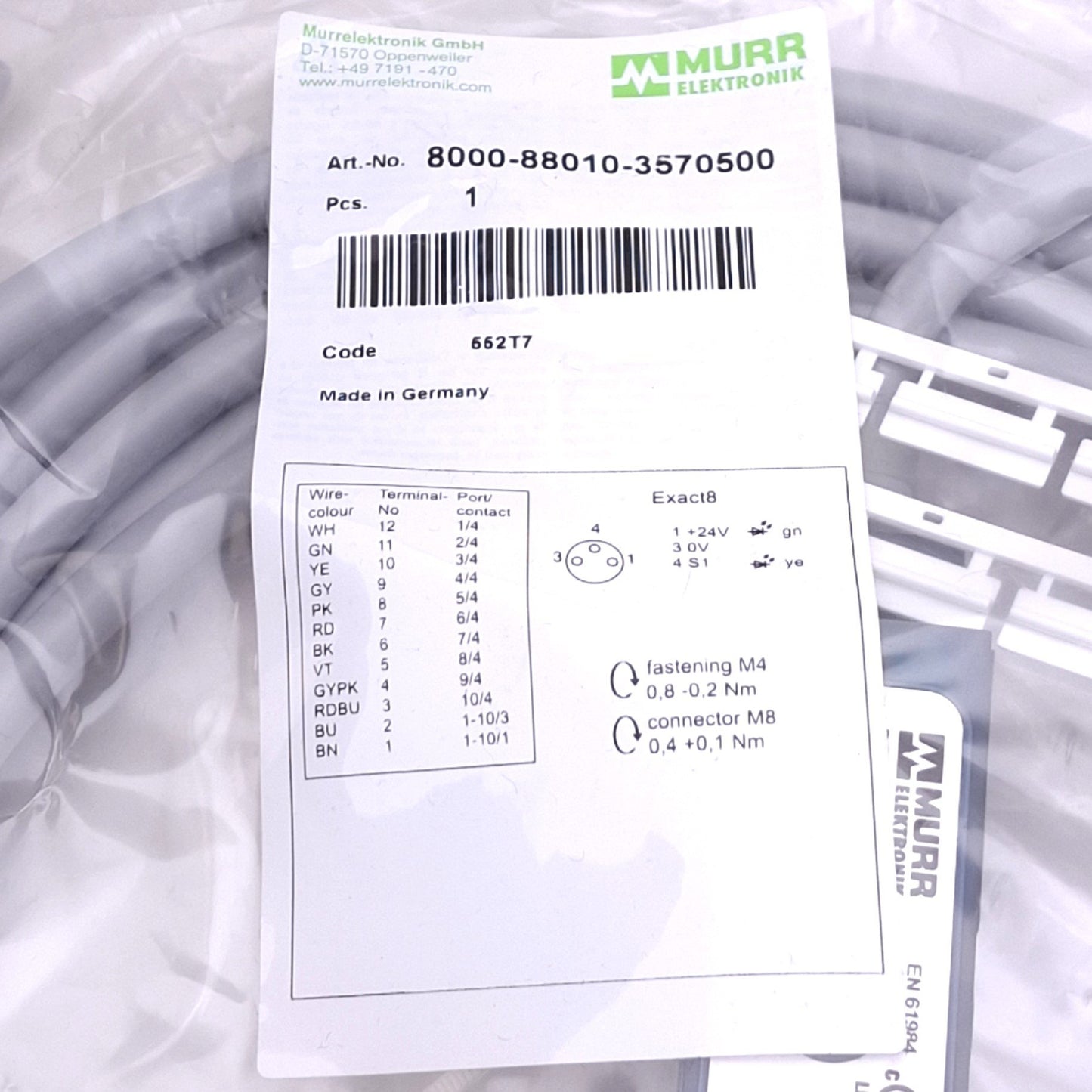 New Murrelektronik 8000-88010-3570500 Exact8 Pre-Wired Cable, 8-Port M8 3-Pin, 5m