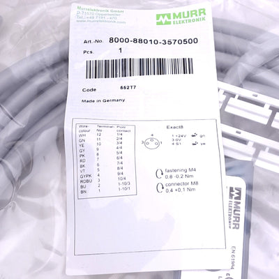 New Murrelektronik 8000-88010-3570500 Exact8 Pre-Wired Cable, 8-Port M8 3-Pin, 5m