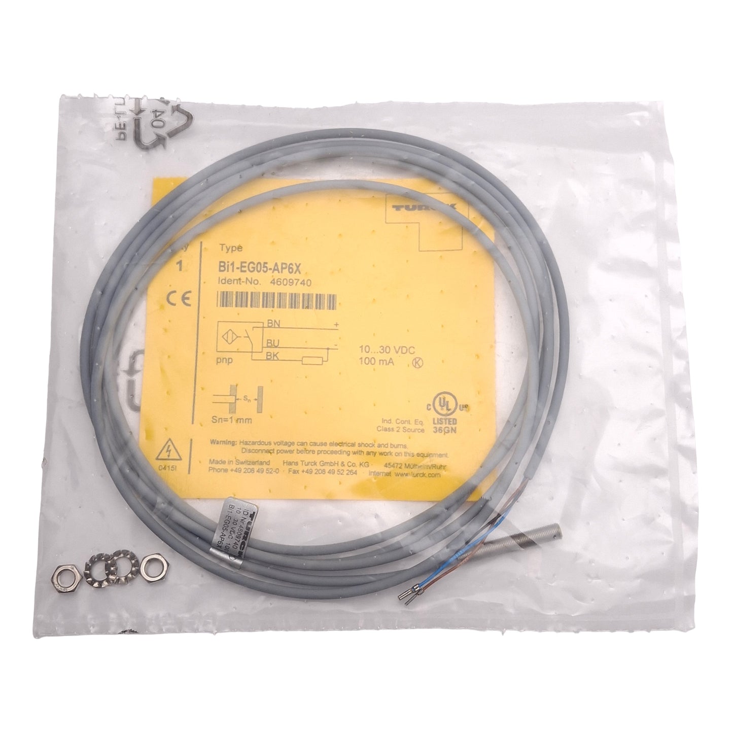 New Turck Bi1-EG05-AP6X Inductive Proximity Sensor, PNP-NO, 1mm, M5x0.5, 10-30VDC