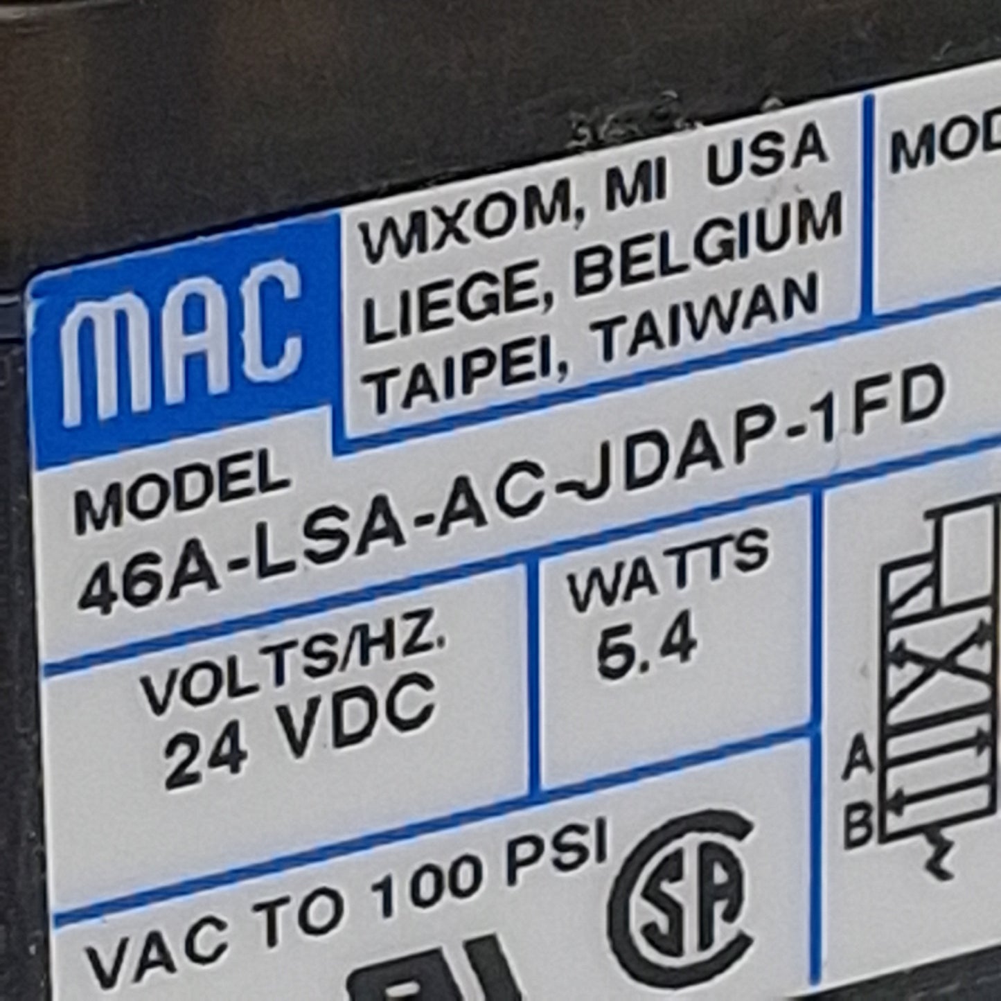 Used Mac 46A-LSA-AC-JDAP-1FD Solenoid Valve, 4/2-Way, Vac~100psi, 24VDC Coil