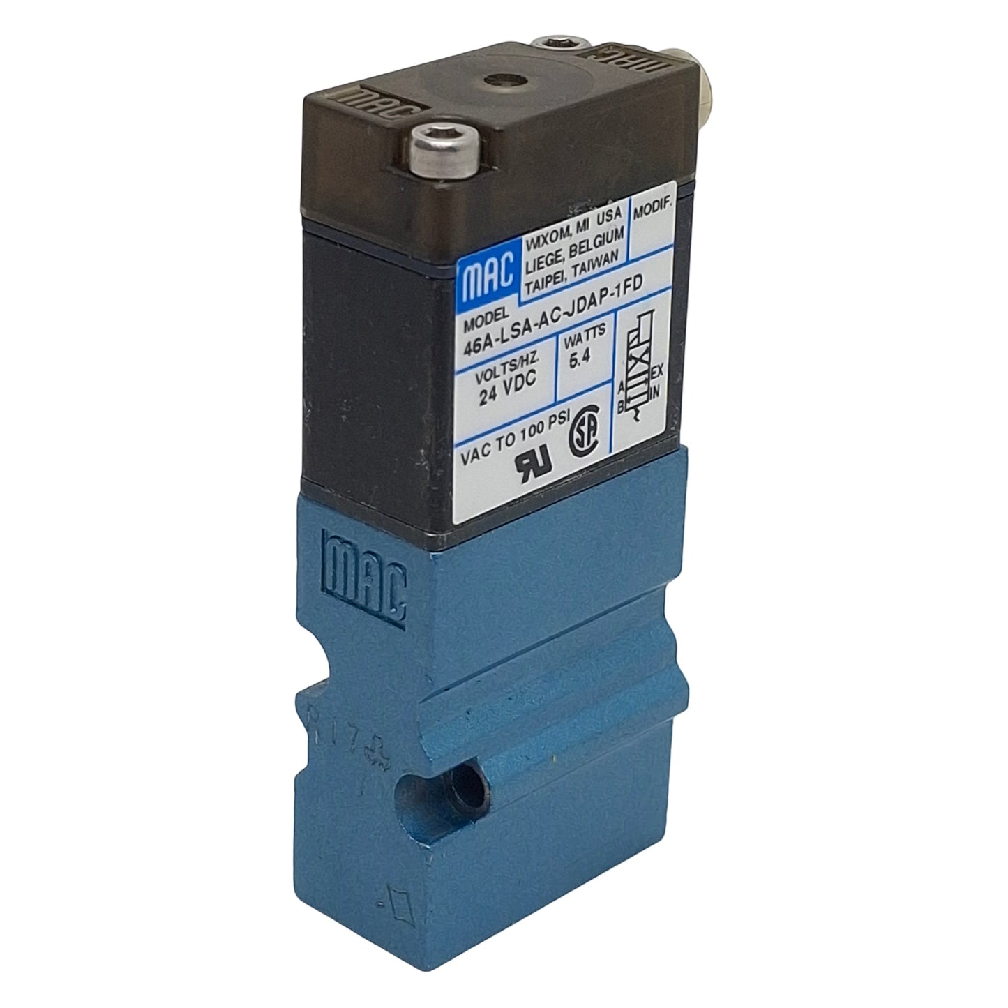 Used Mac 46A-LSA-AC-JDAP-1FD Solenoid Valve, 4/2-Way, Vac~100psi, 24VDC Coil