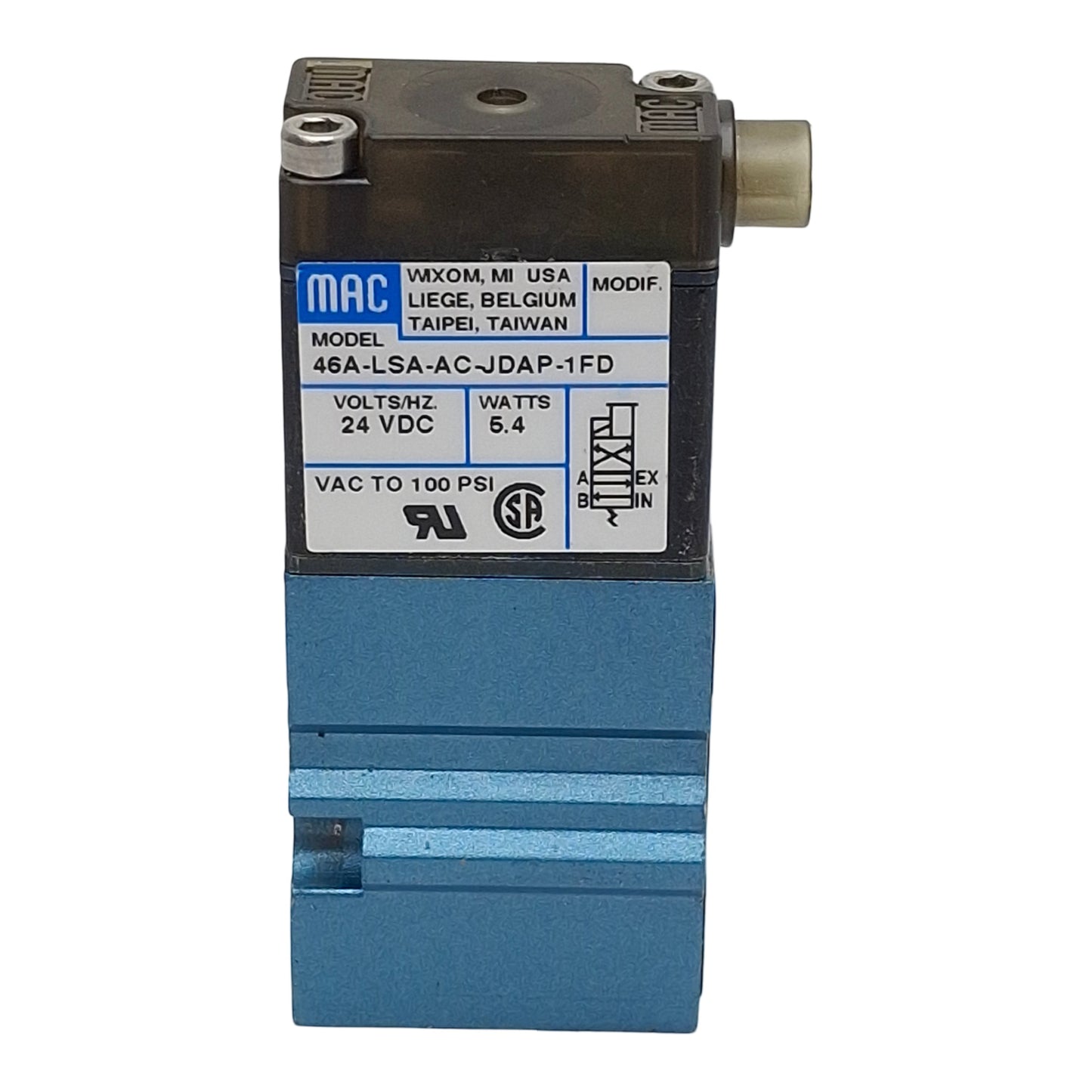 Used Mac 46A-LSA-AC-JDAP-1FD Solenoid Valve, 4/2-Way, Vac~100psi, 24VDC Coil