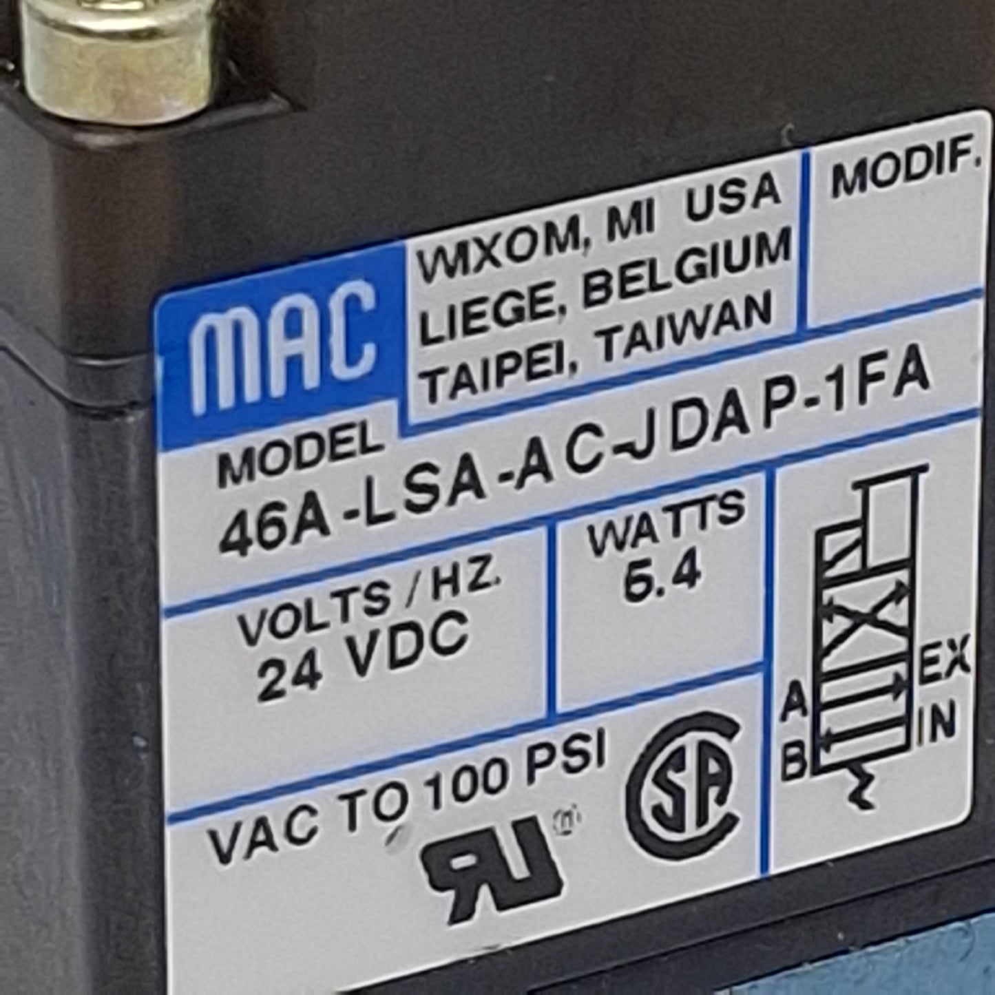 Used Mac 46A-LSA-AC-JDAP-1FA Solenoid Valve, 4/2-Way, Vac~100psi, 24VDC Coil