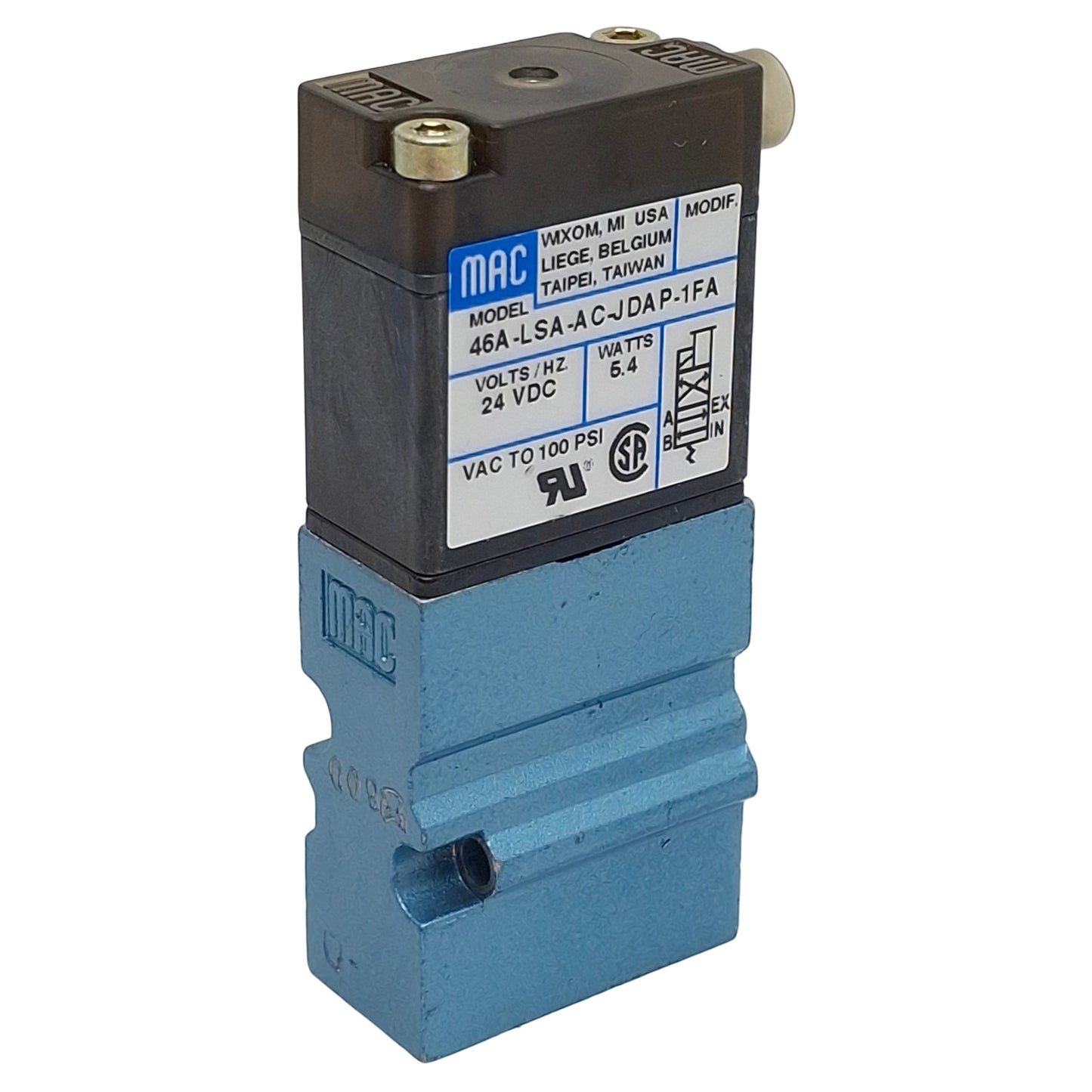 Used Mac 46A-LSA-AC-JDAP-1FA Solenoid Valve, 4/2-Way, Vac~100psi, 24VDC Coil