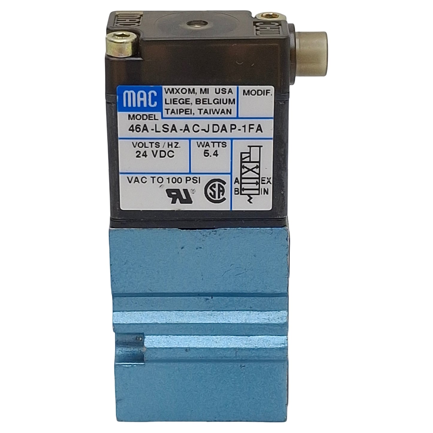 Used Mac 46A-LSA-AC-JDAP-1FA Solenoid Valve, 4/2-Way, Vac~100psi, 24VDC Coil