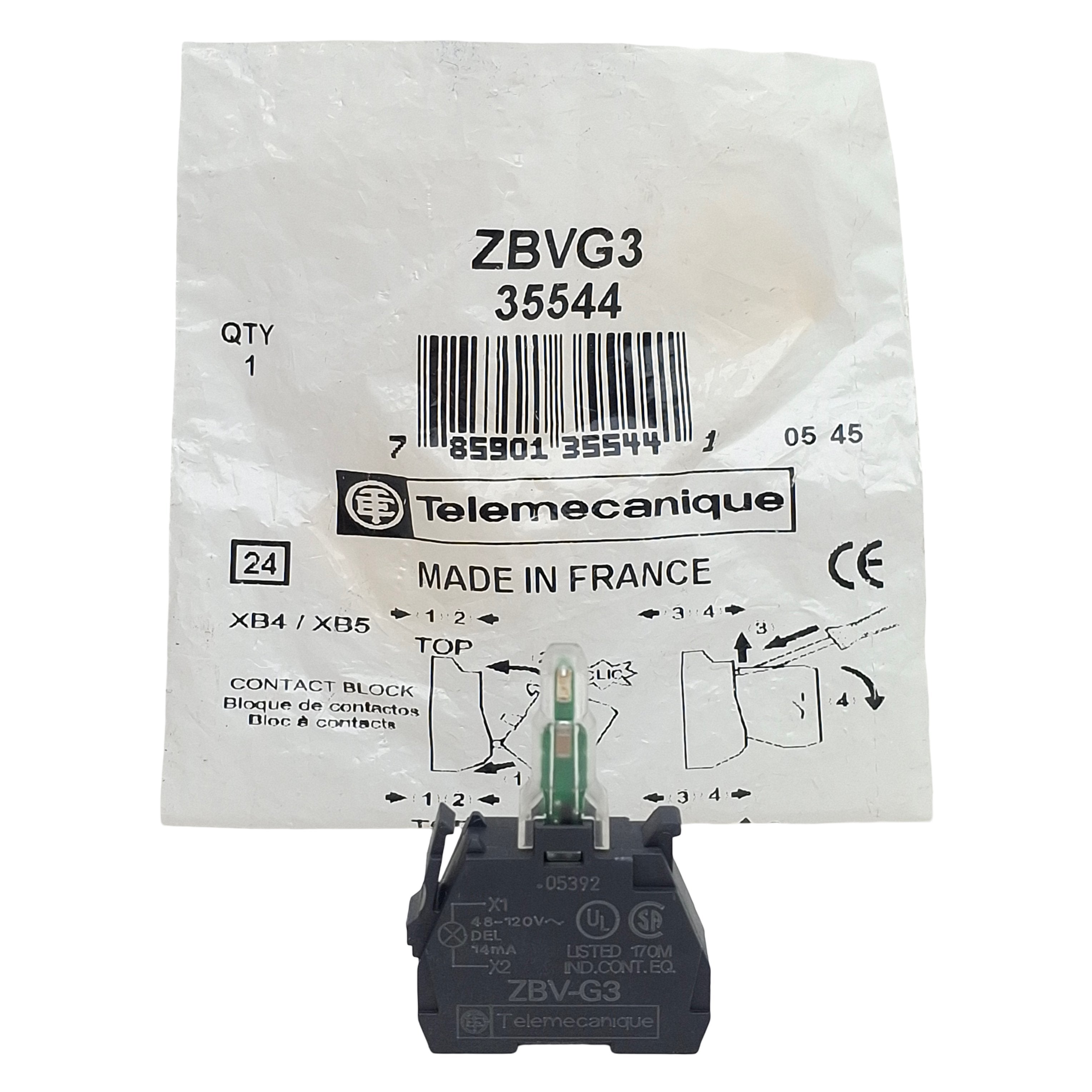 Telemecanique ZBVG3 Push Button Light Module, Green LED, 22mm, 48-120V ...